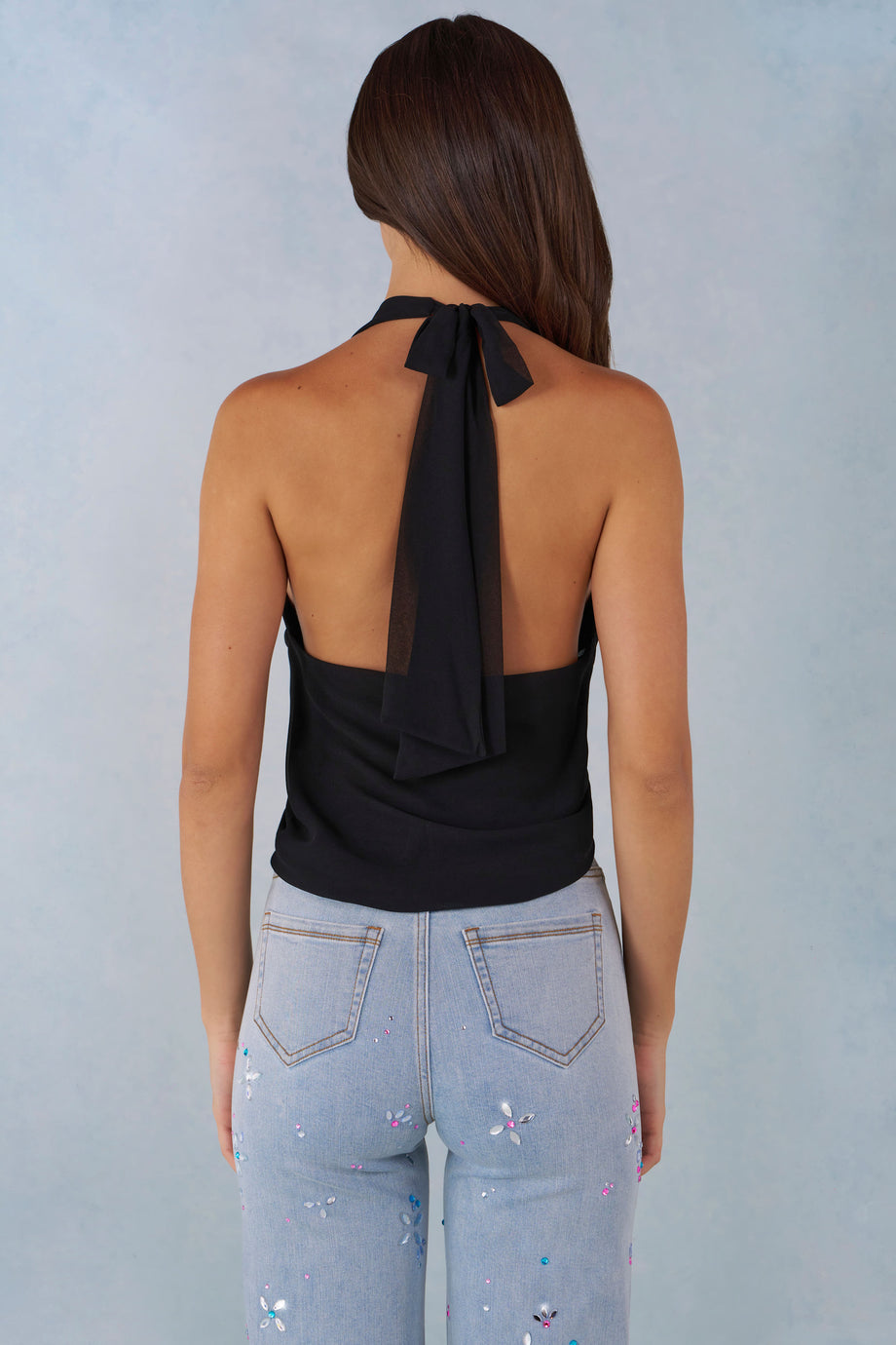 Deep Plunge Halterneck Top in Black