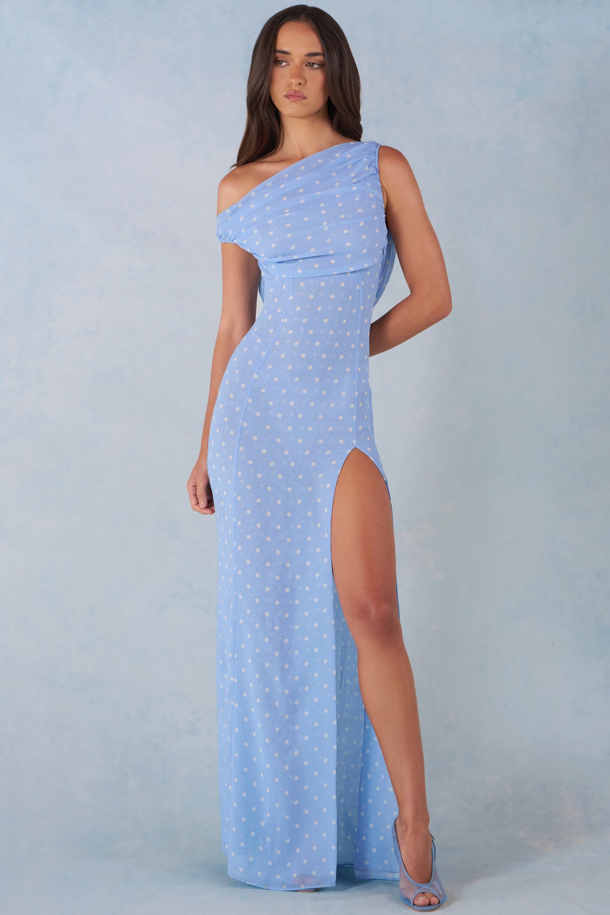 One-Shoulder Maxi Dress in Blue Polka Dot Print