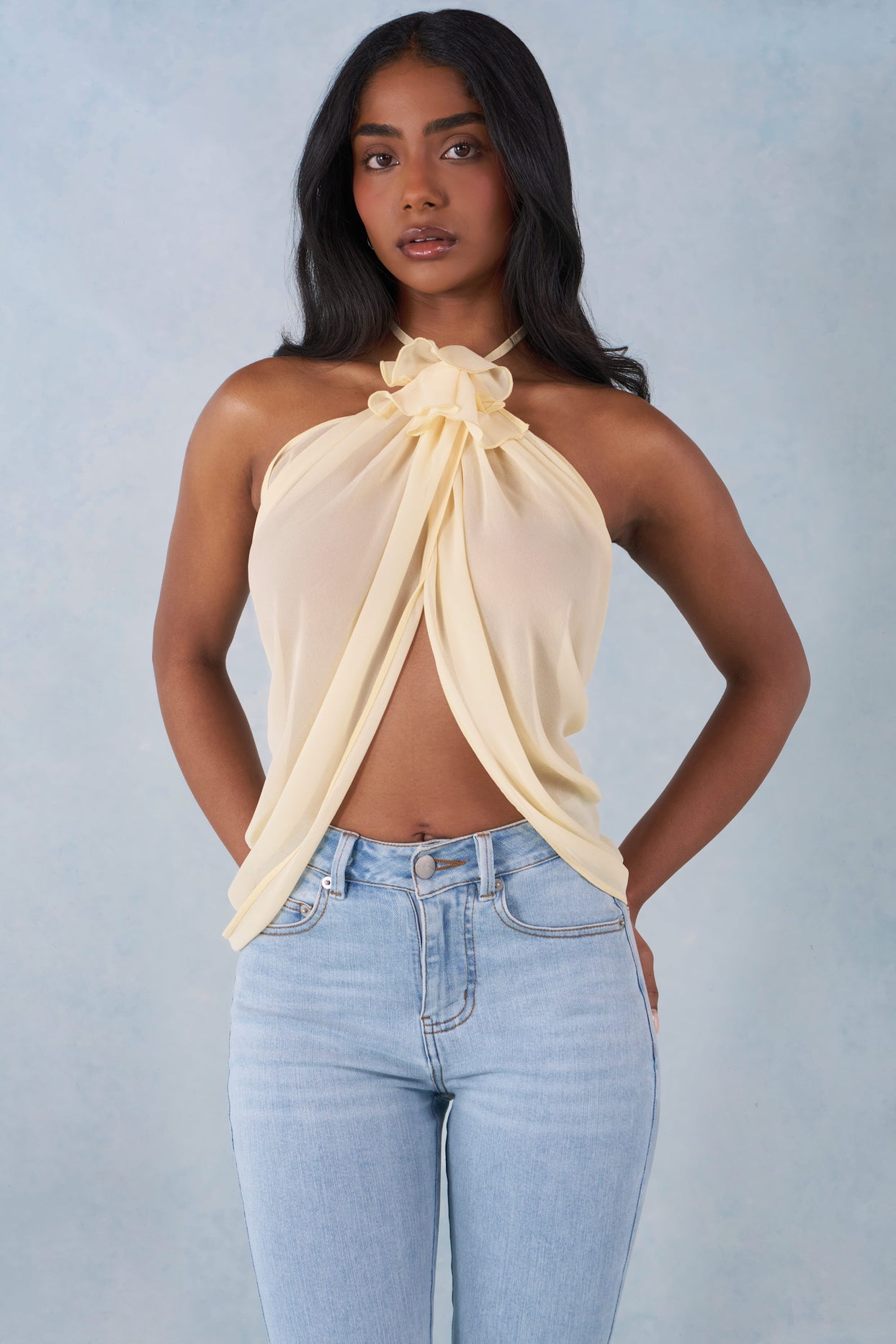 Halterneck Open-Front Top in Butter Yellow