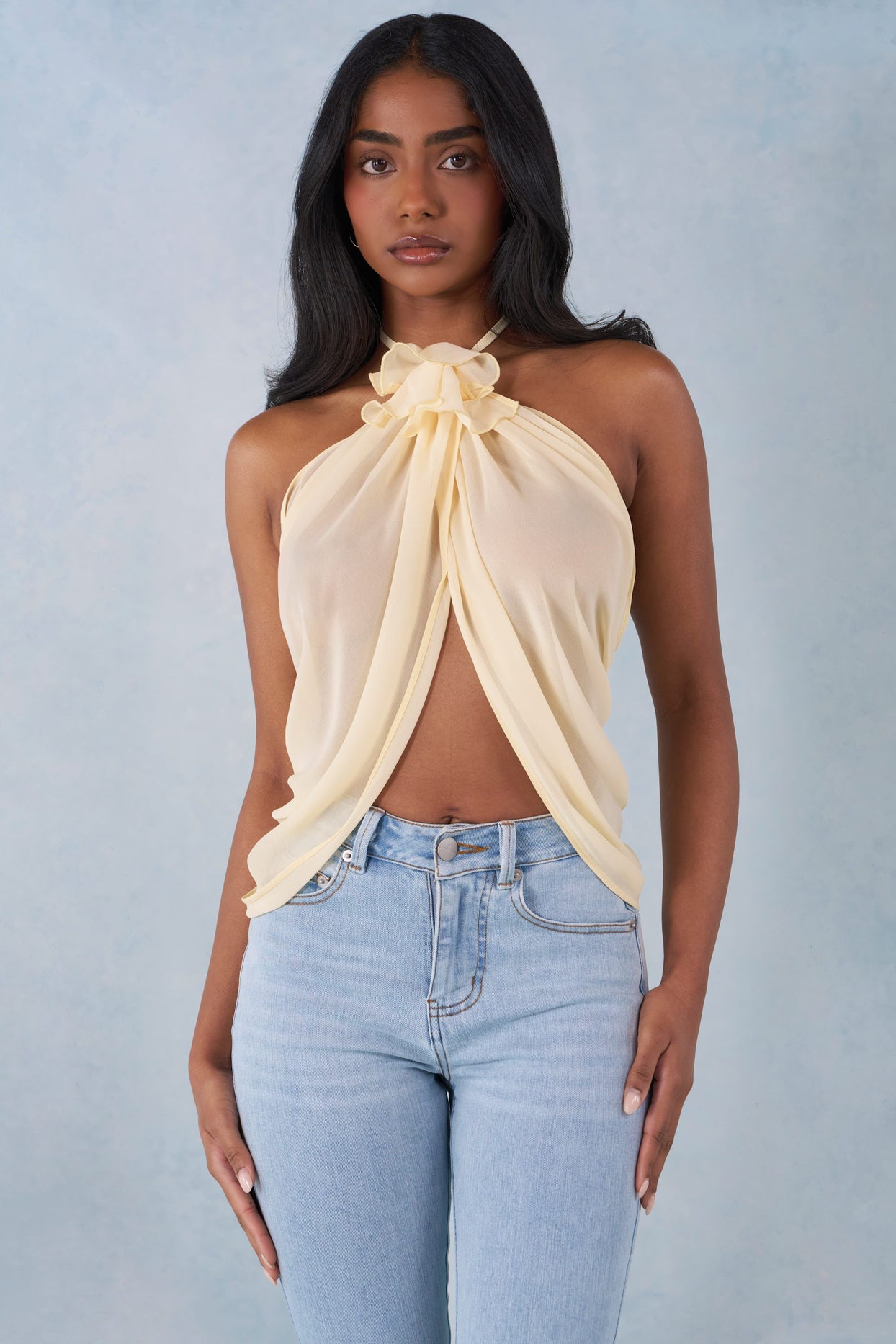 Halterneck Open-Front Top in Butter Yellow