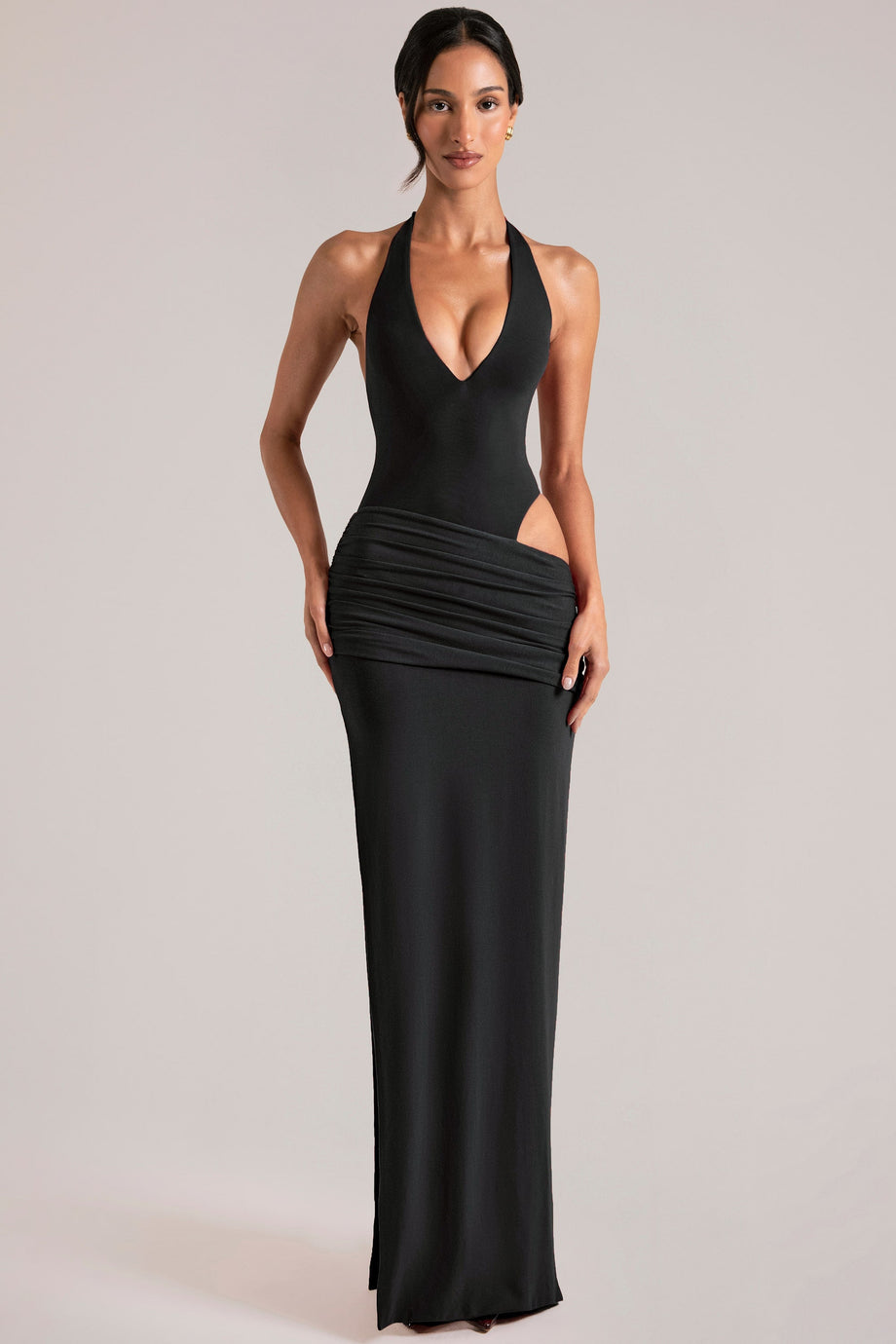 Oh Polly model Yasmin wearing the Oona Maxi Dress in Black Modal fabric perfect for elegant garden parties