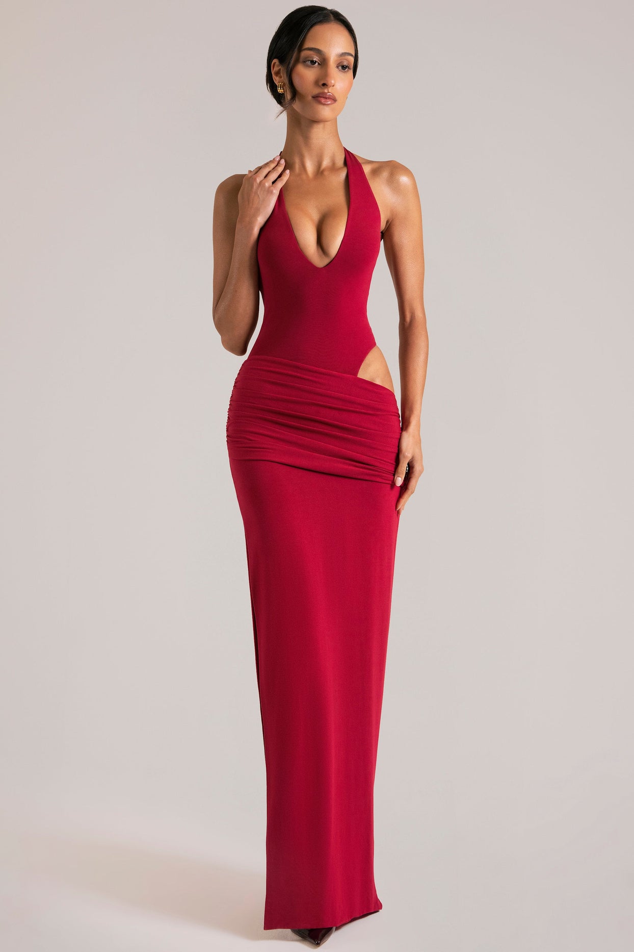 Oh Polly model Yasmin wearing the Oona Maxi Dress in Cherry Red Modal fabric perfect for summer weddings