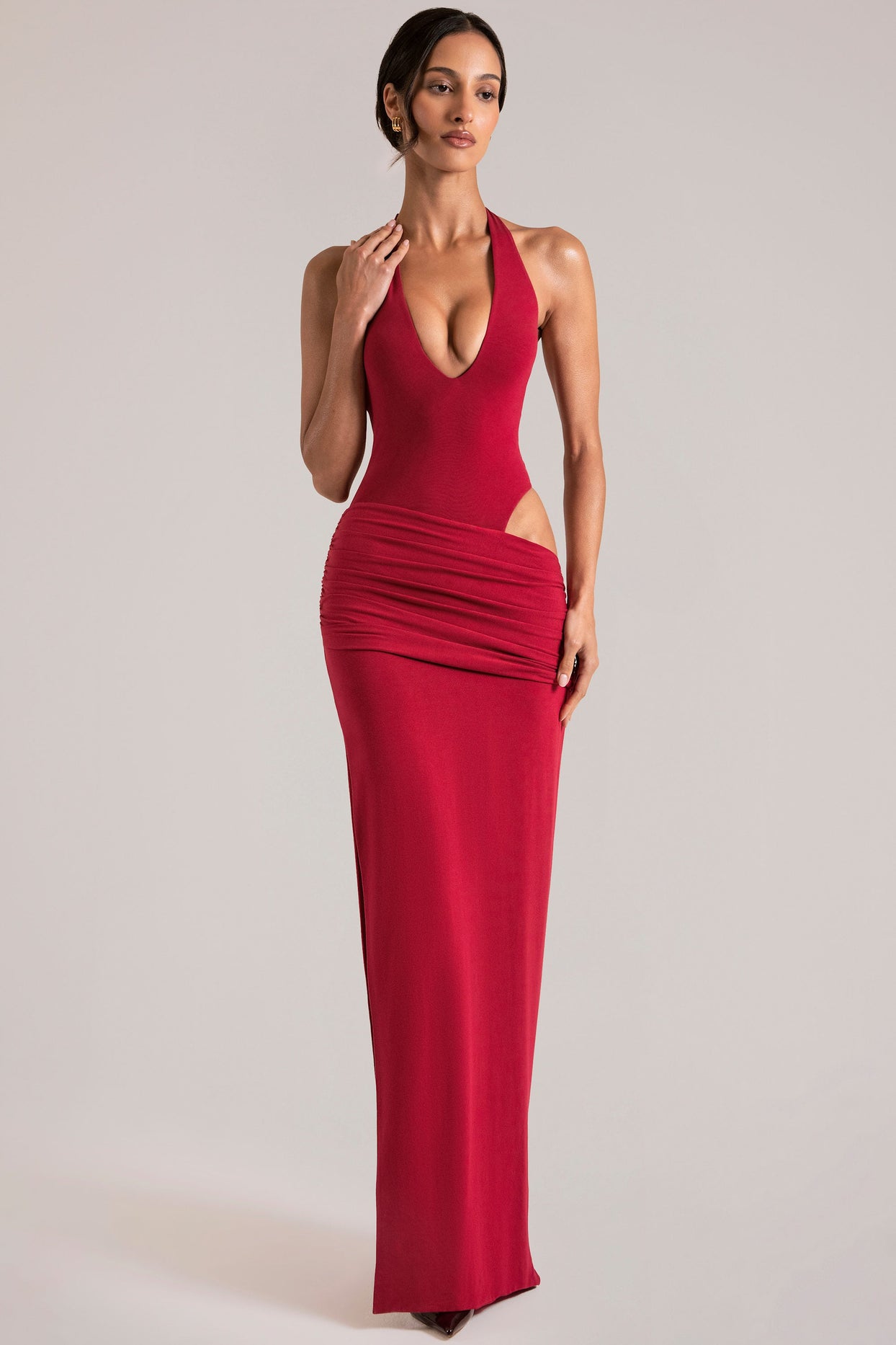 Oh Polly model Yasmin wearing the Oona Maxi Dress in Cherry Red Modal fabric perfect for date night elegance