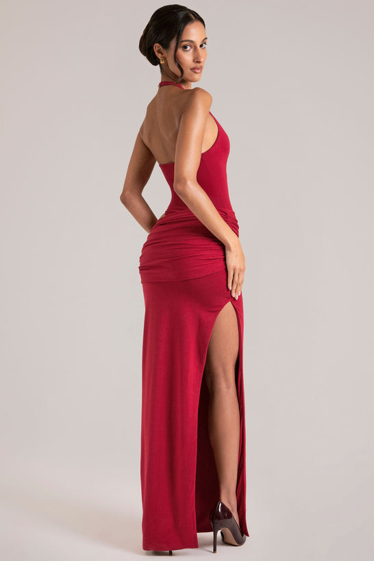 Oh Polly model Yasmin wearing the Oona Maxi Dress in Cherry Red Modal fabric perfect for cocktail events