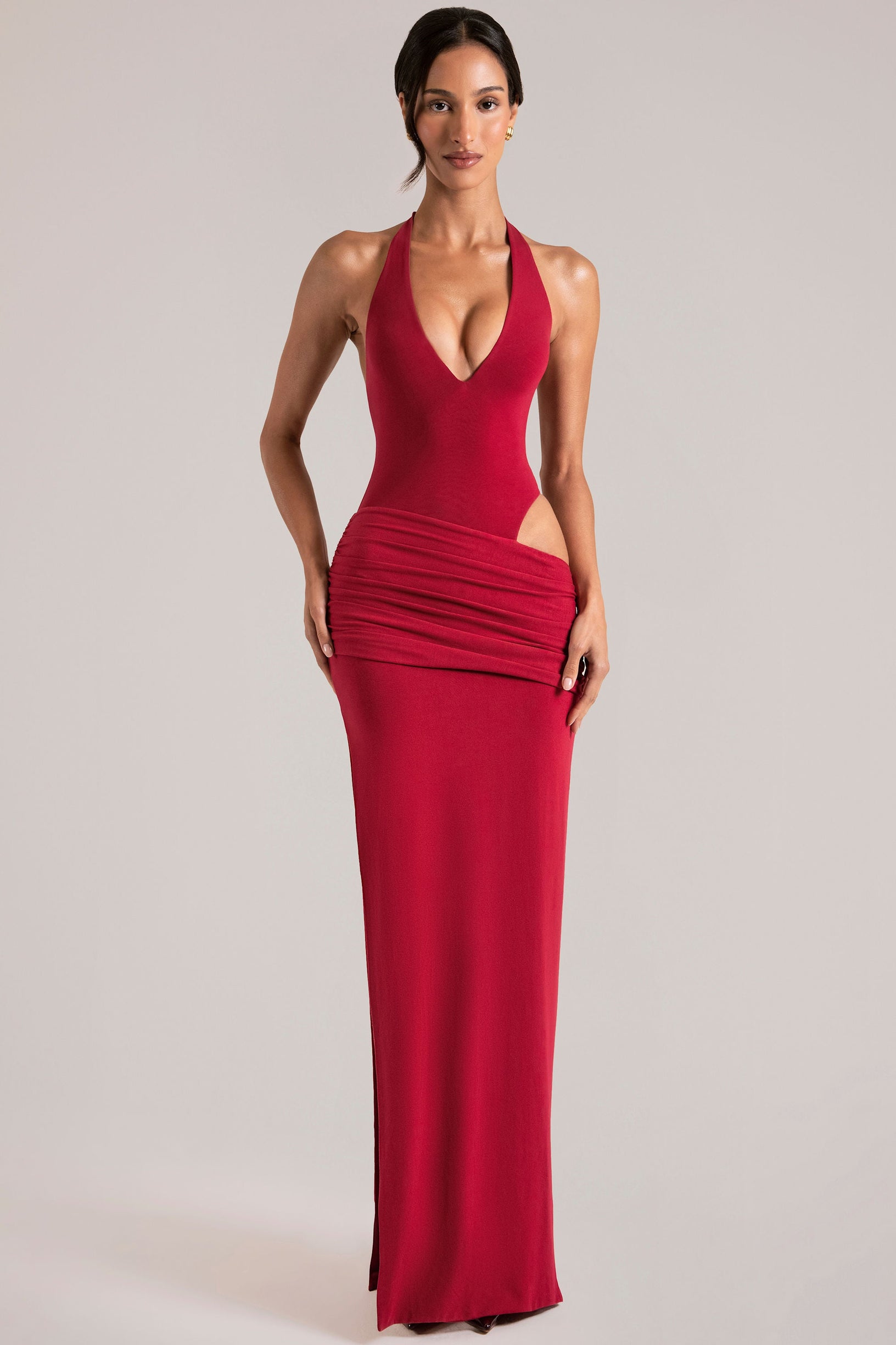 Deep Plunge Halterneck Maxi Dress in Cherry Red - 1