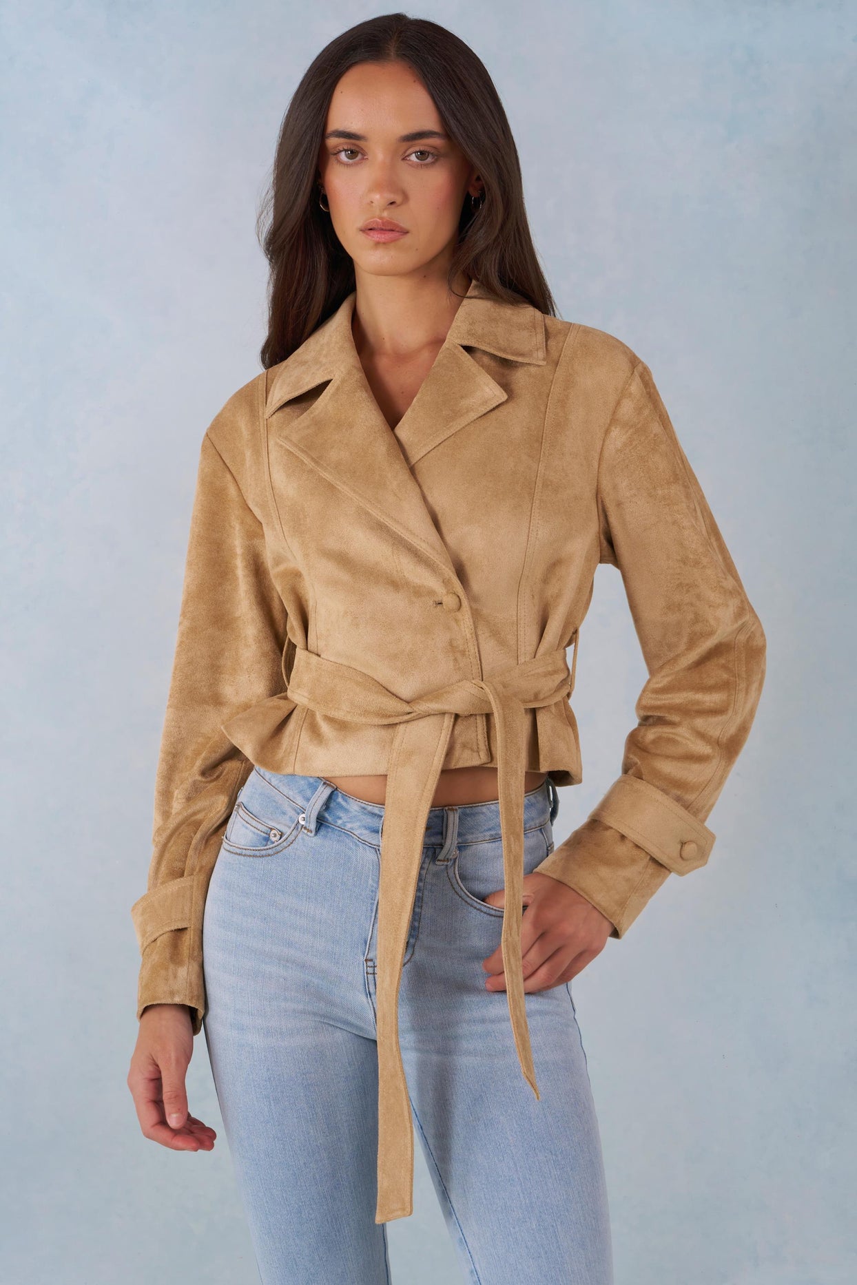Faux Suede Cropped Belted Jacket in Tan
