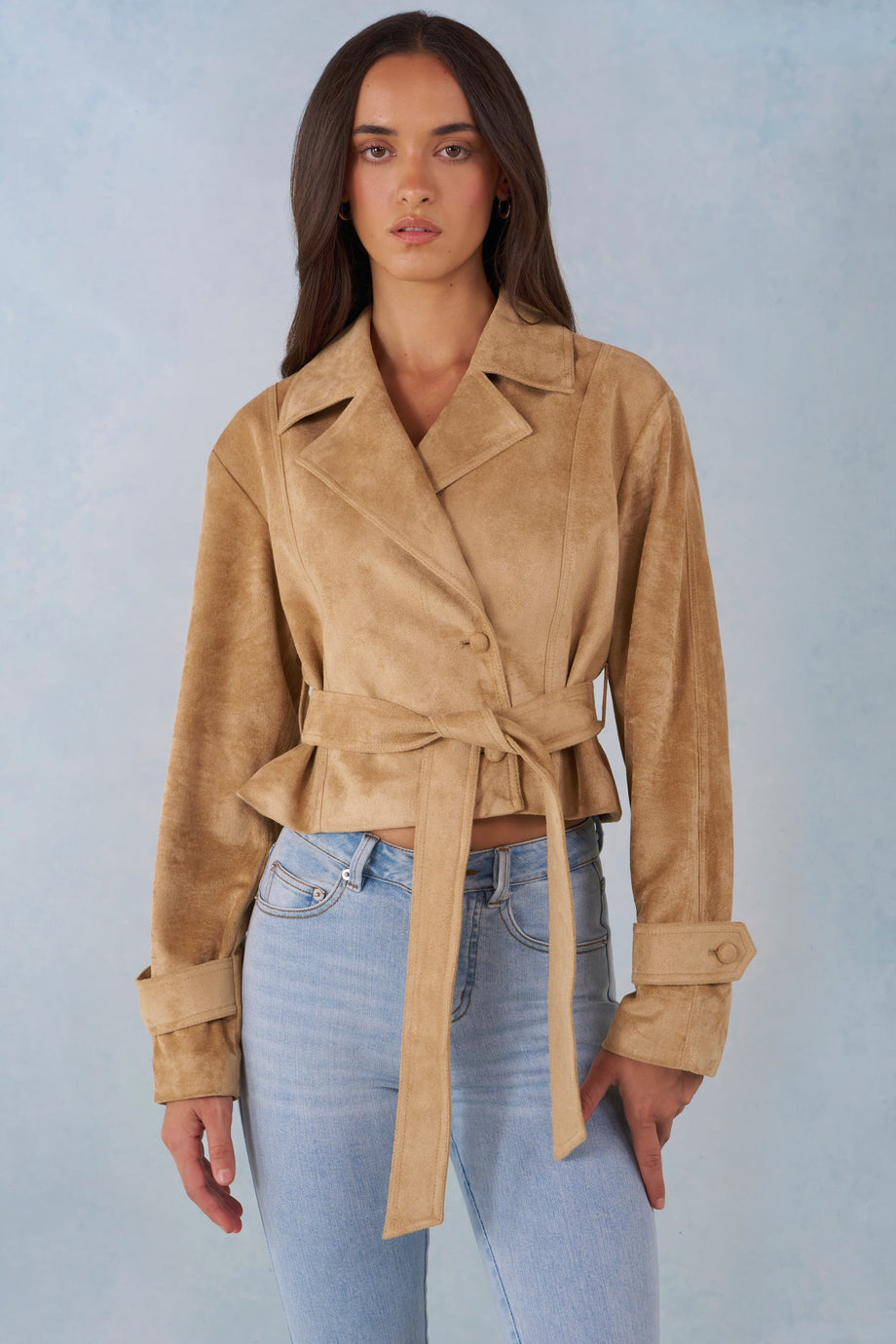 Faux Suede Cropped Belted Jacket in Tan