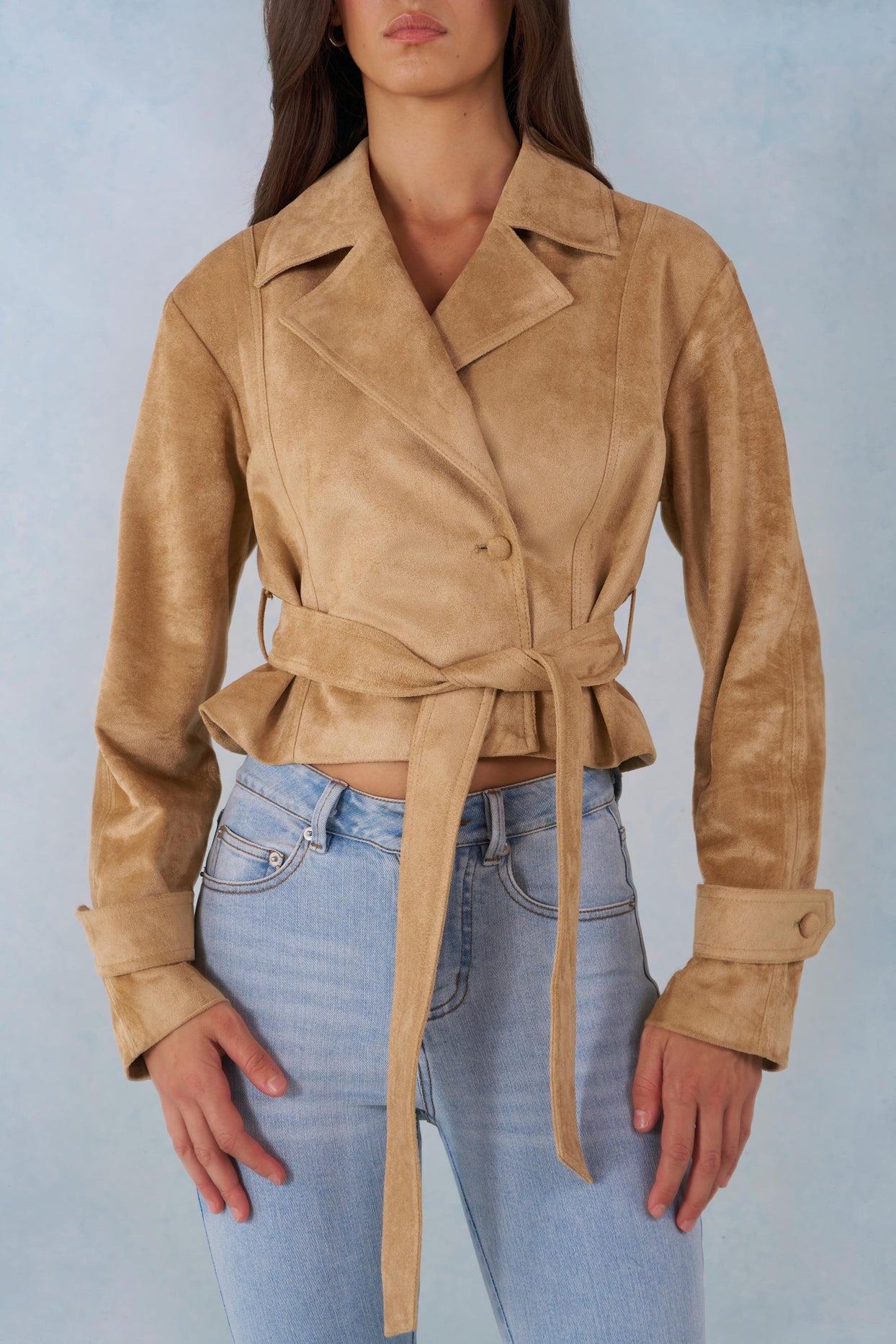 Faux Suede Cropped Belted Jacket in Tan
