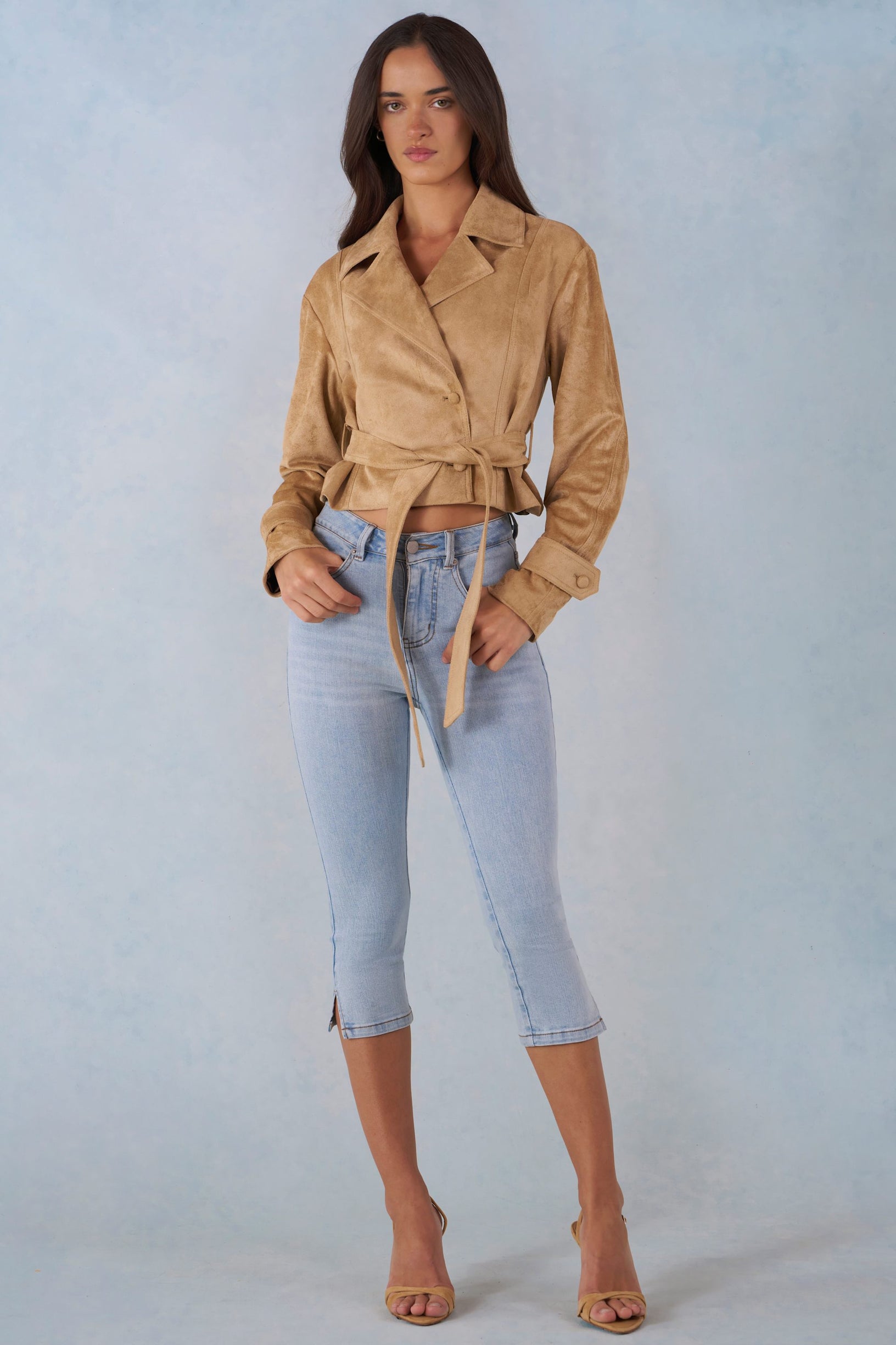Faux Suede Cropped Belted Jacket in Tan - 1