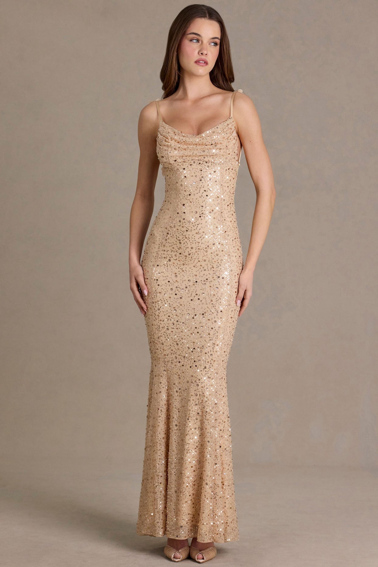 Premium Embellished Open-Back Maxi Dress in Almond