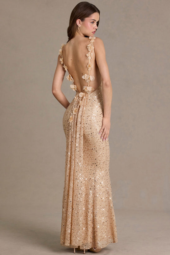 Premium Embellished Open-Back Maxi Dress in Almond