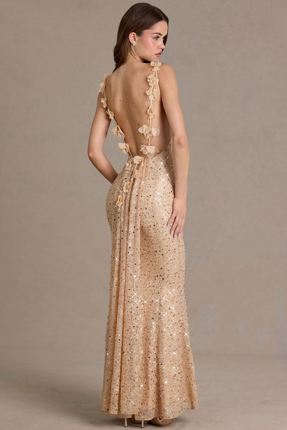 Premium Embellished Open-Back Maxi Dress in Almond