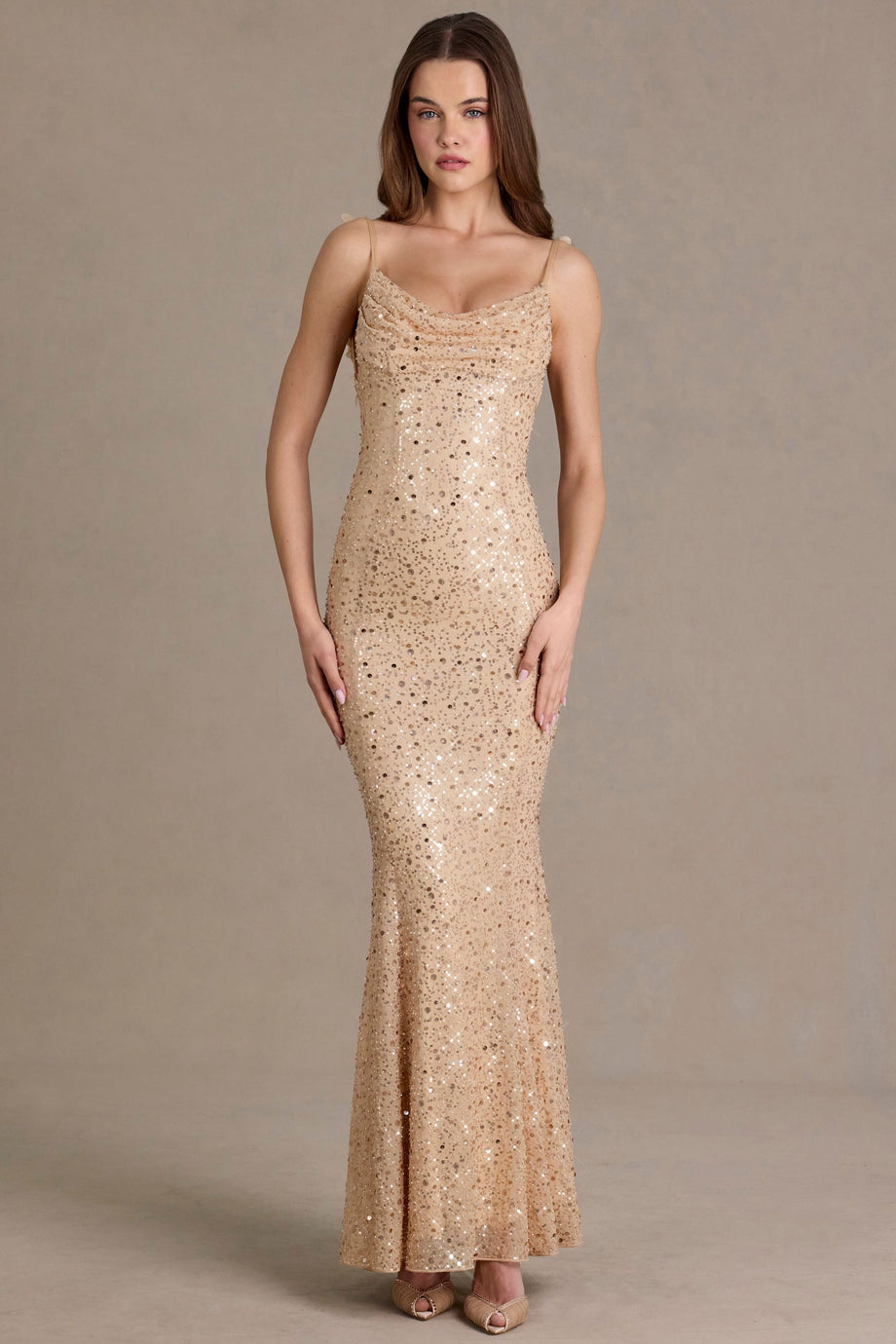 Premium Embellished Open-Back Maxi Dress in Almond