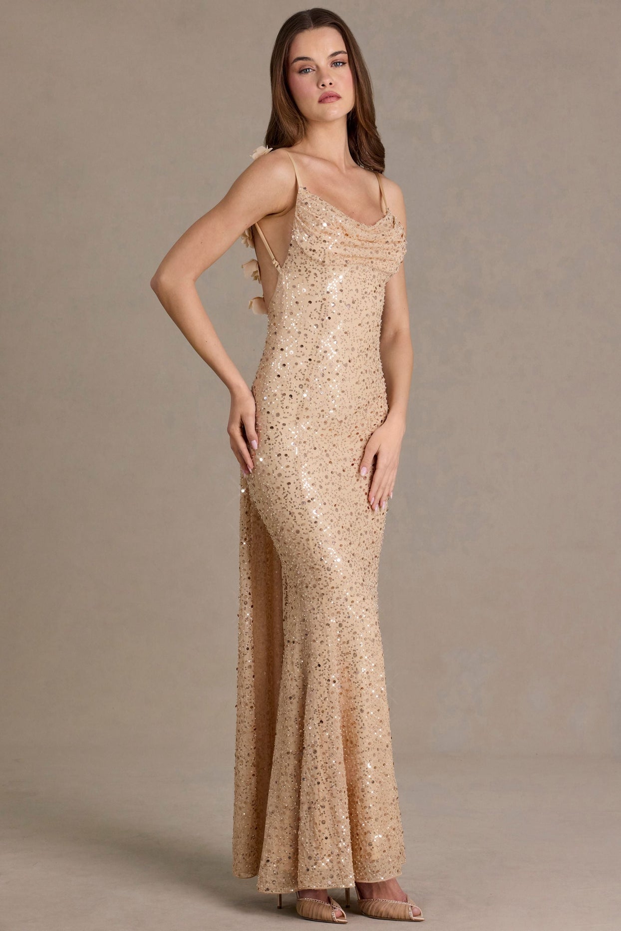 Premium Embellished Open-Back Maxi Dress in Almond