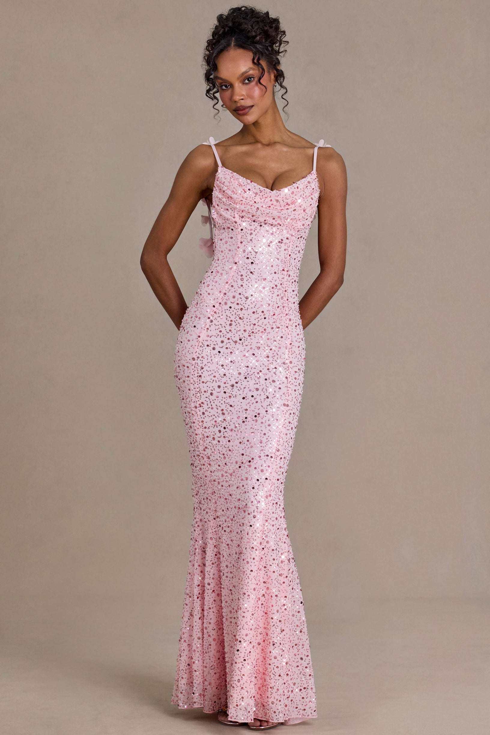 Embellished Open-Back Maxi Dress in Baby Pink - 1