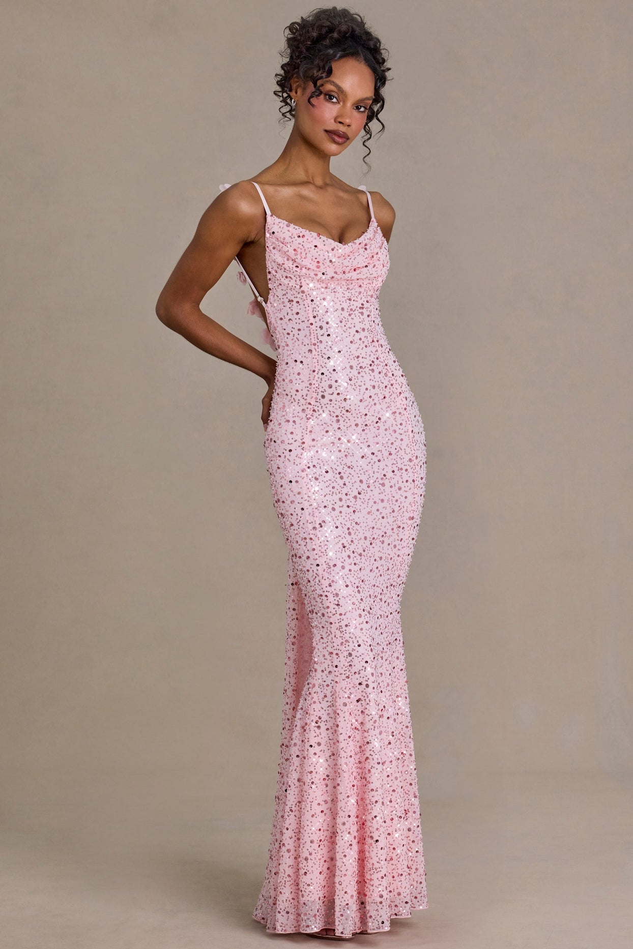 Premium Embellished Open-Back Maxi Dress in Baby Pink