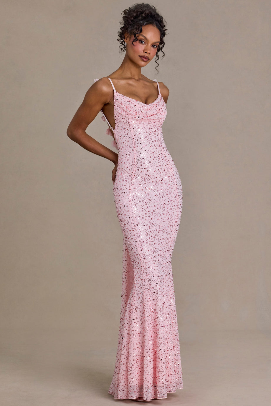 Premium Embellished Open-Back Maxi Dress in Baby Pink