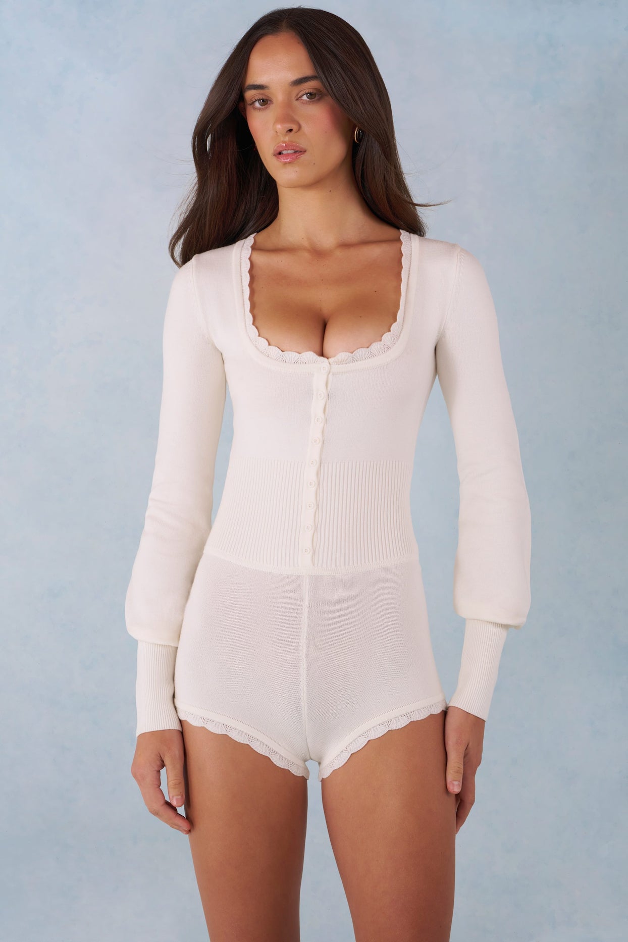 Knit Long-Sleeve Romper in Ivory