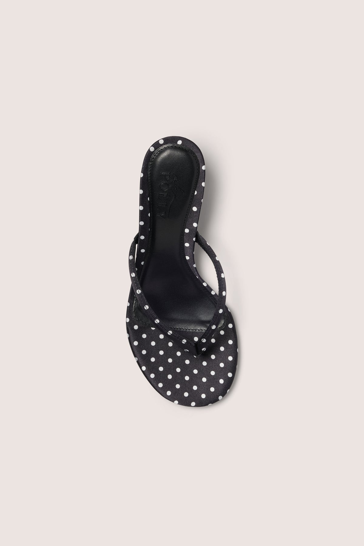 Satin Heeled Thong Sandal in Black Polka Dot