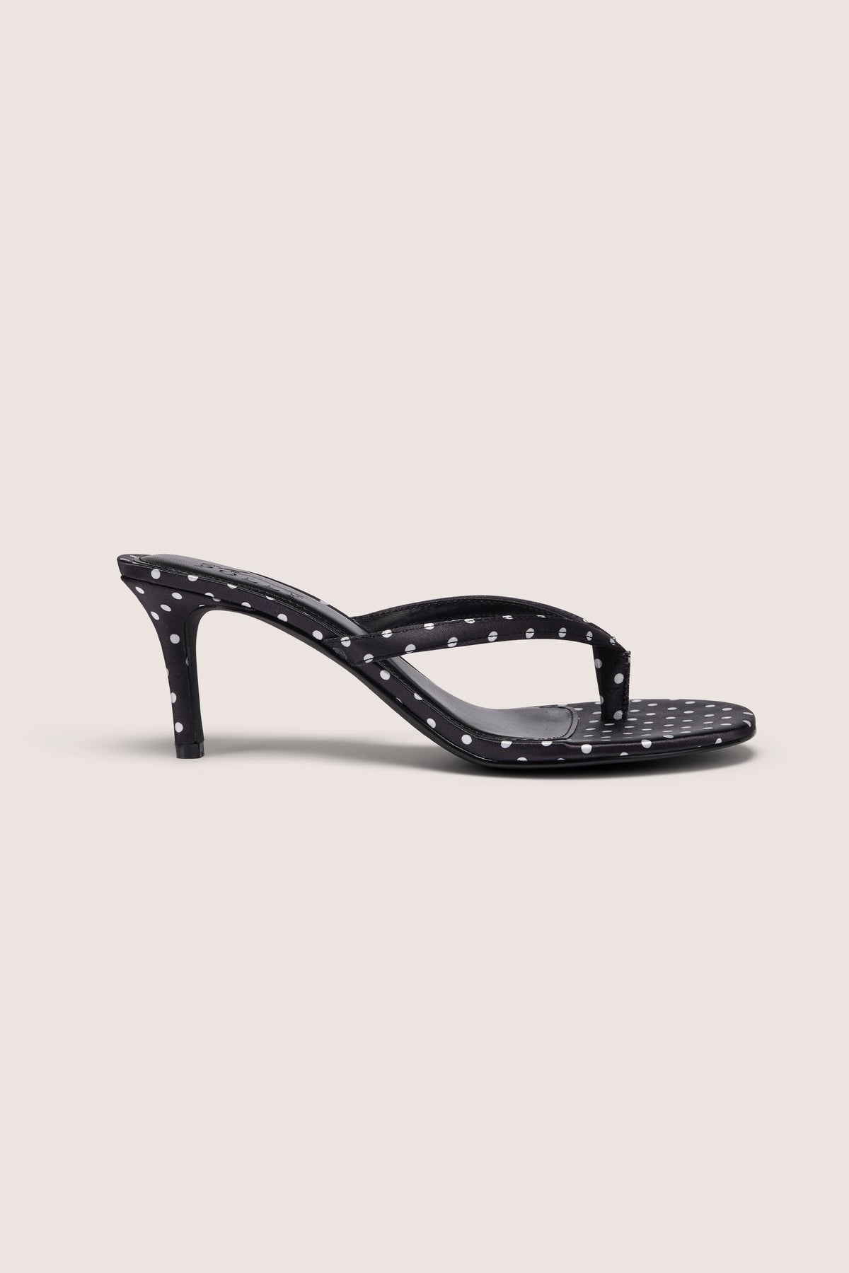Satin Heeled Thong Sandal in Black Polka Dot
