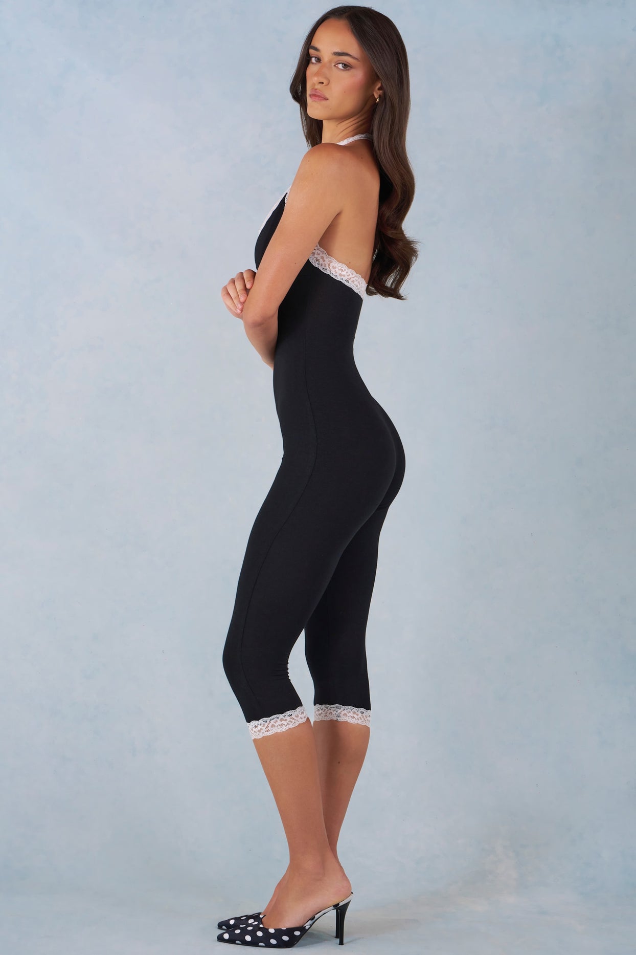 Modal Lace-Trim Capri Jumpsuit  in Black