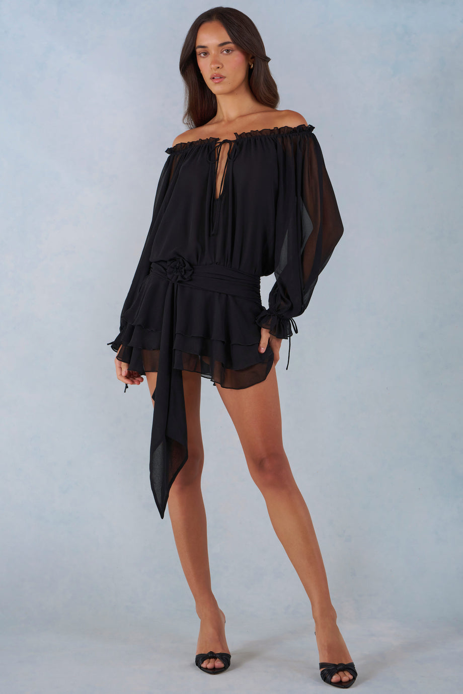 Off-Shoulder Balloon-Sleeve Mini Dress in Black