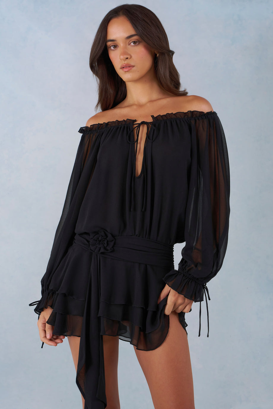 Off-Shoulder Balloon-Sleeve Mini Dress in Black