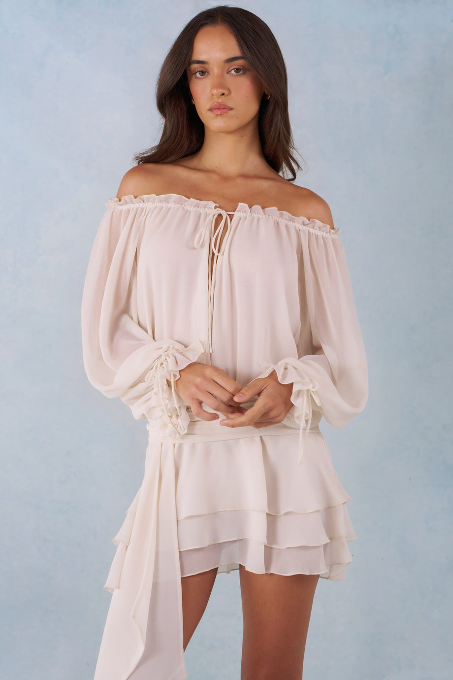 Off-Shoulder Balloon-Sleeve Mini Dress in Ivory