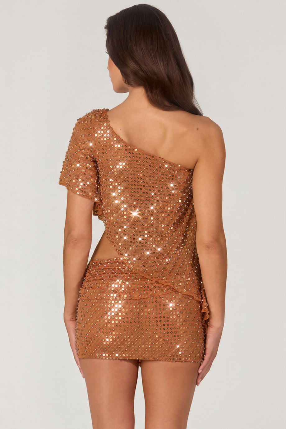 Embellished One-Shoulder Asymmetric Top in Bronze