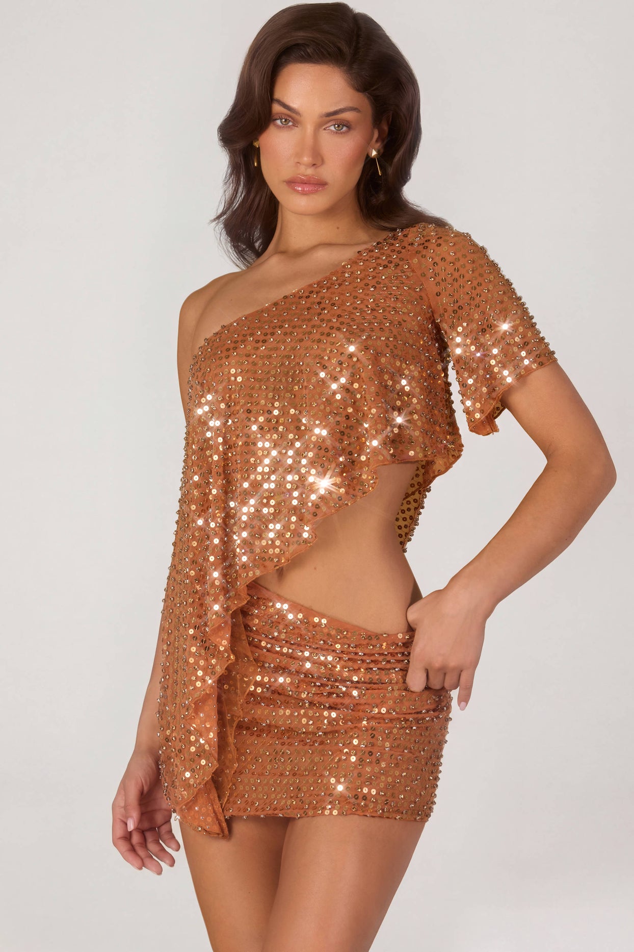 Embellished One-Shoulder Asymmetric Top in Bronze