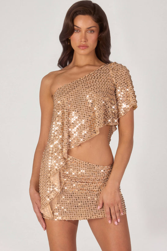Embellished One-Shoulder Asymmetric Top in Gold