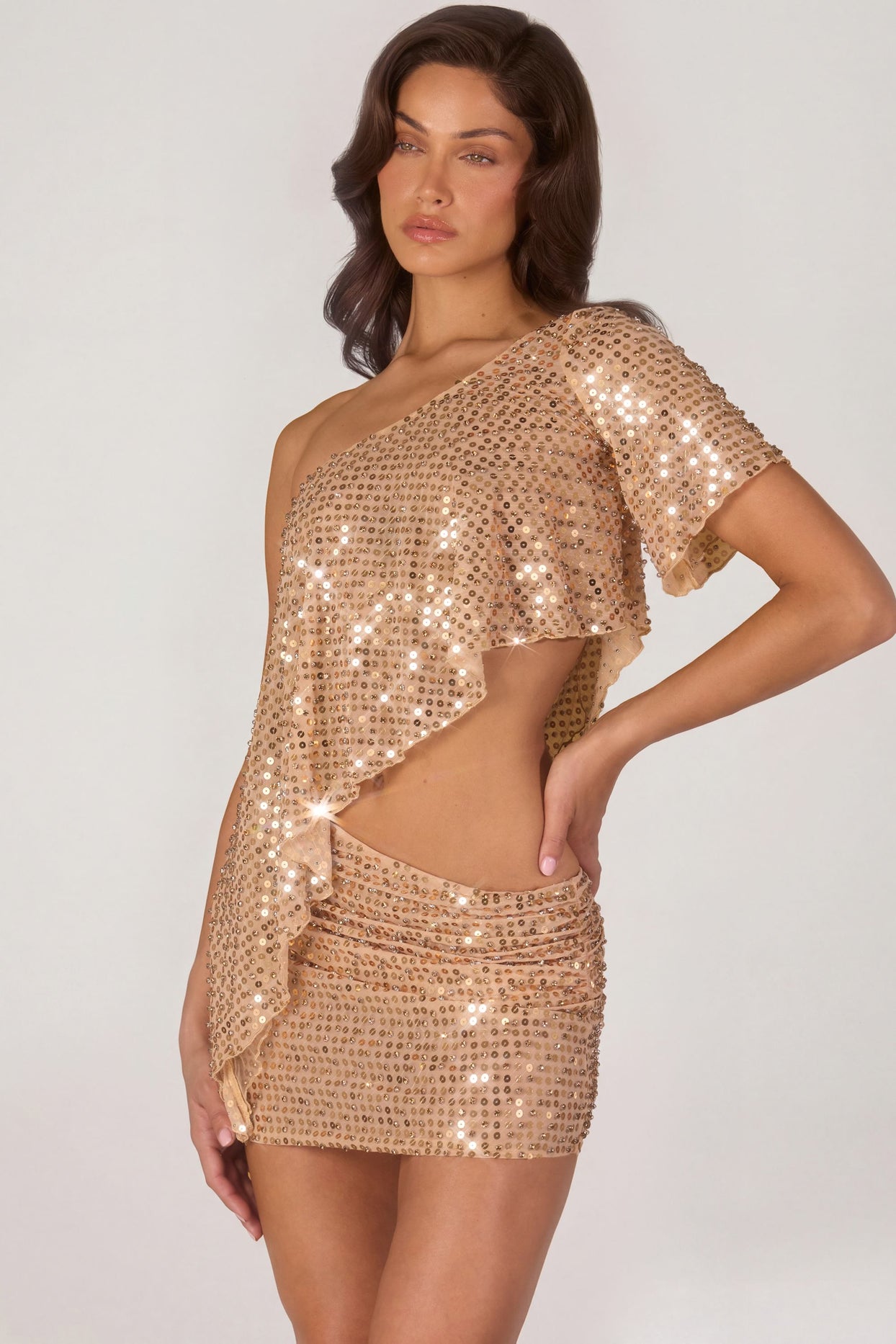 Embellished One-Shoulder Asymmetric Top in Gold