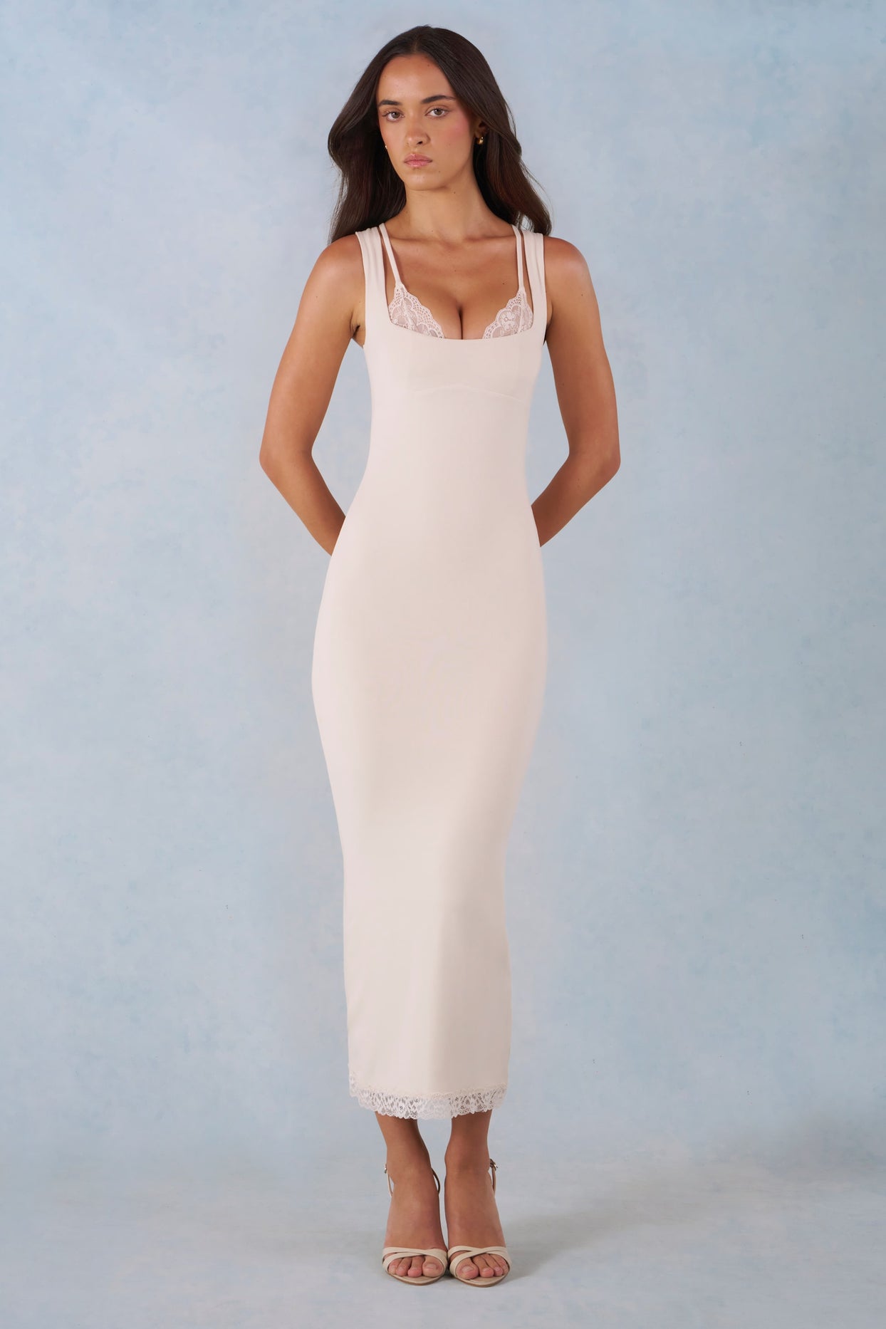 lace-trim midaxi dress in white White Crinkle Pintuck Lace Trim Midaxi Dress