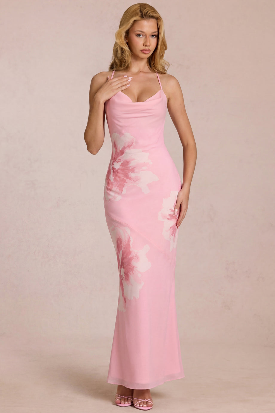 Chiffon Maxi Dress in Pink Floral Print
