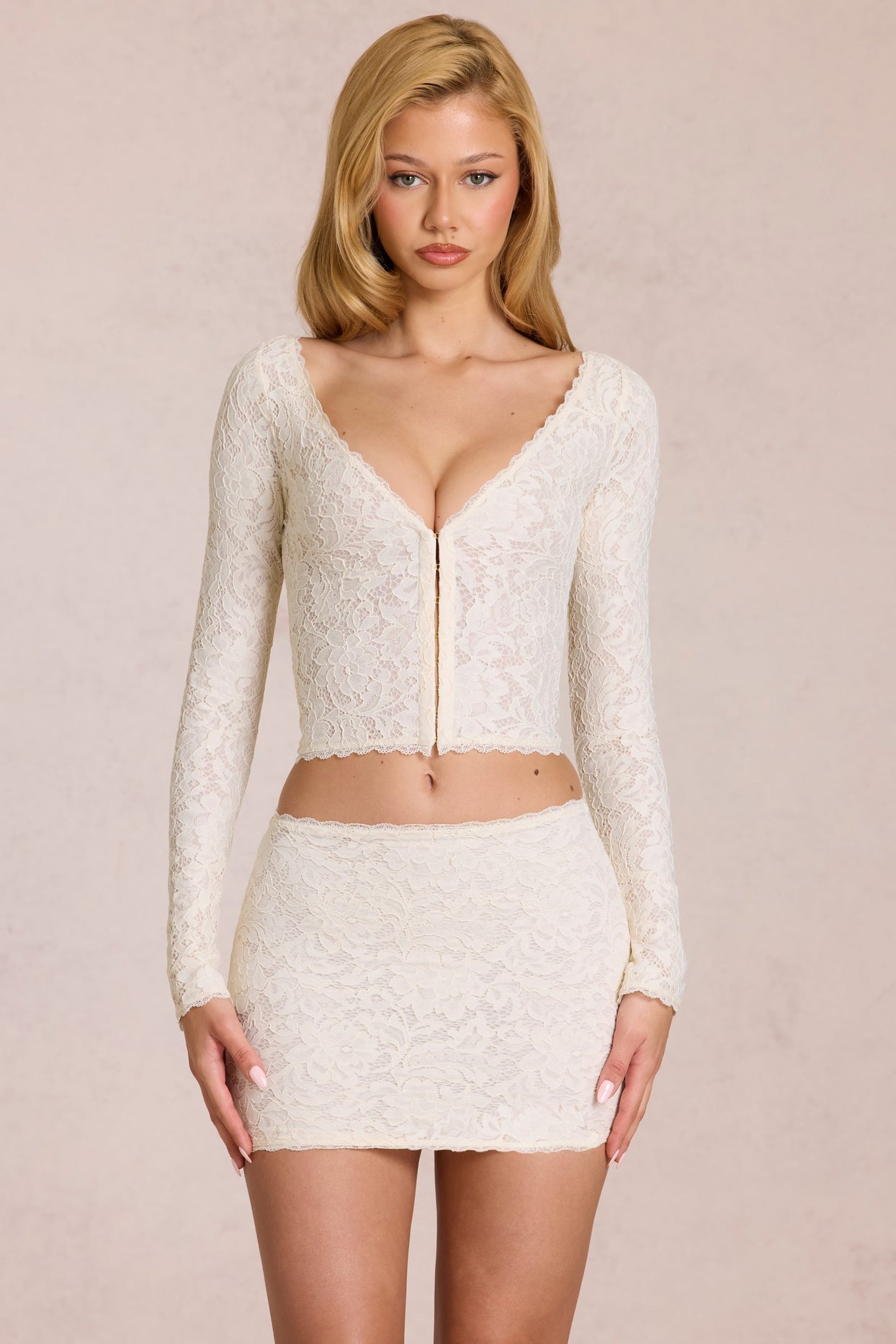 Lace Plunge Cardigan  in Ivory