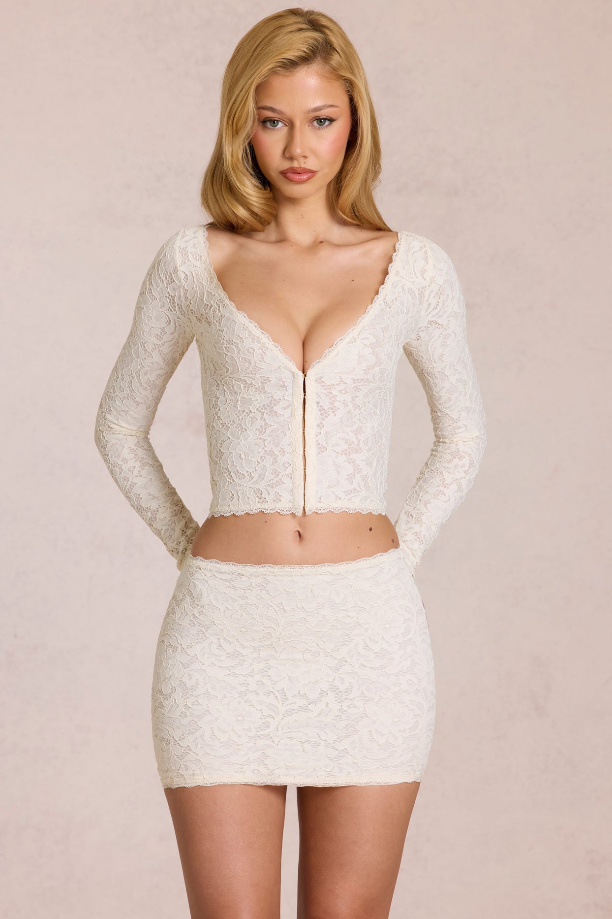 Lace Plunge Cardigan  in Ivory