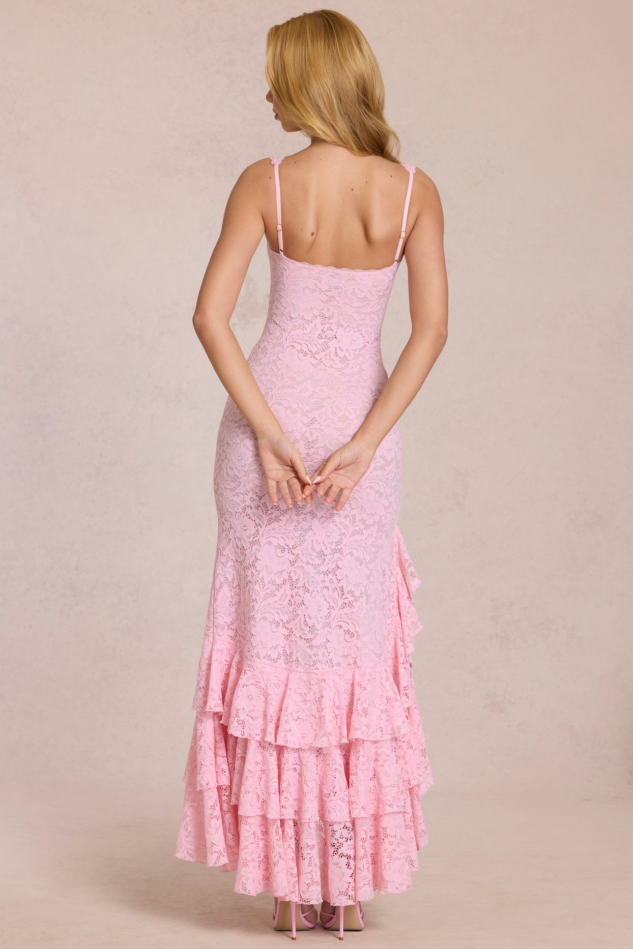 Lace Ruffle Maxi Dress in Blossom Pink - 6