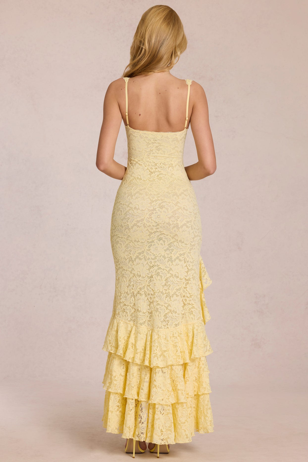 Lace Ruffle Maxi Dress in Lemon Yellow