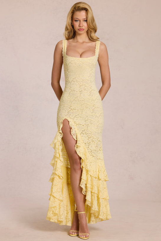 Lace Ruffle Maxi Dress in Lemon Yellow