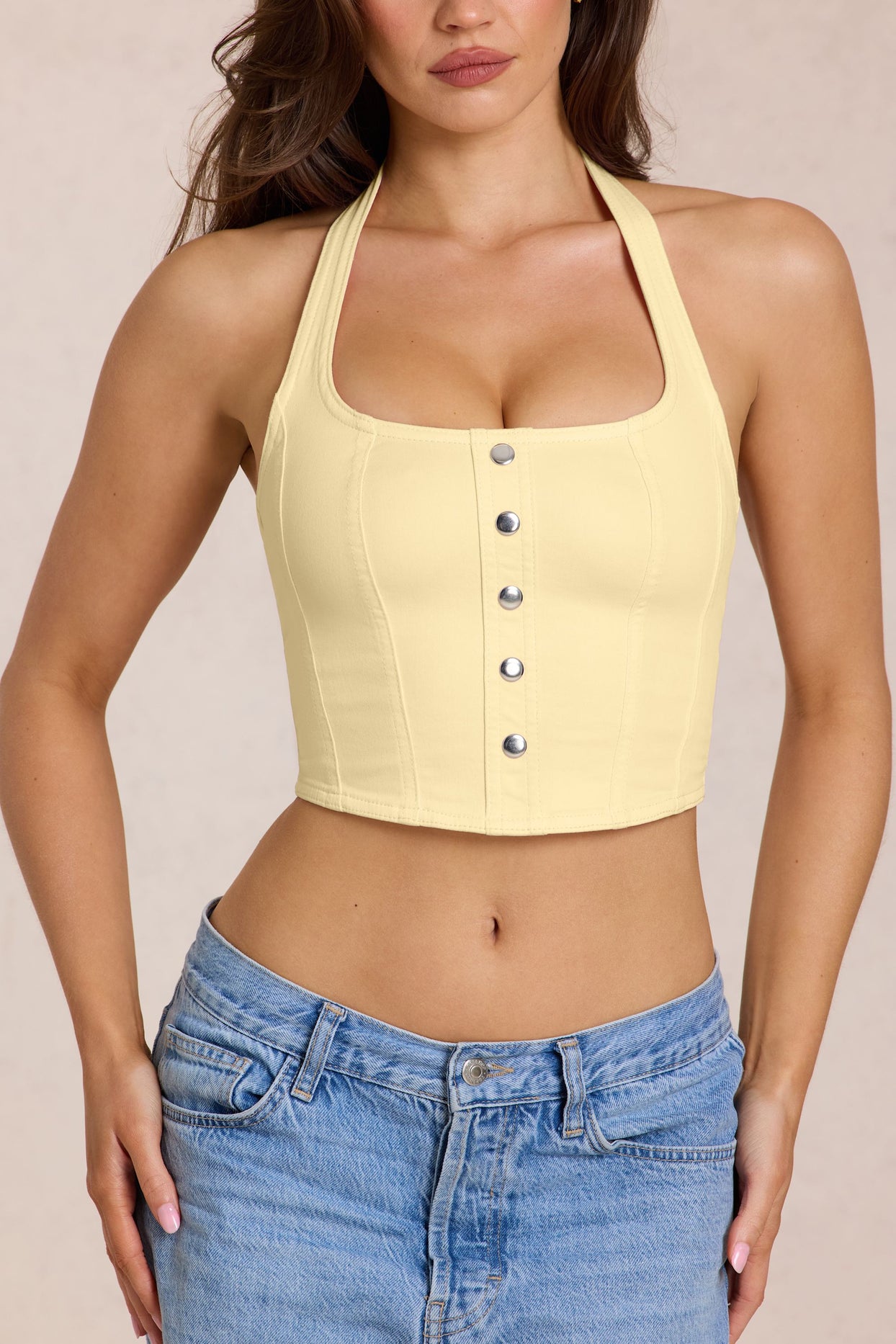 Denim Halterneck Corset Style Top in Lemon Yellow - 5