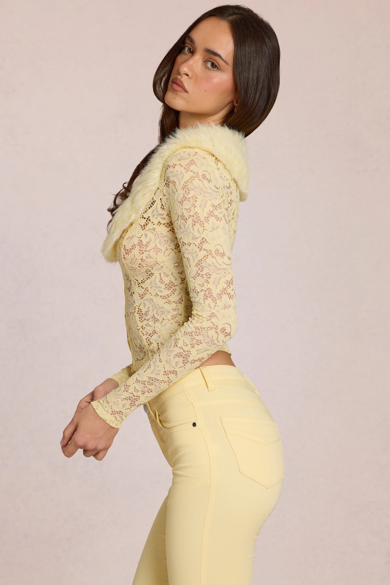 Lace Faux-Fur-Trim Cardigan in Lemon Yellow