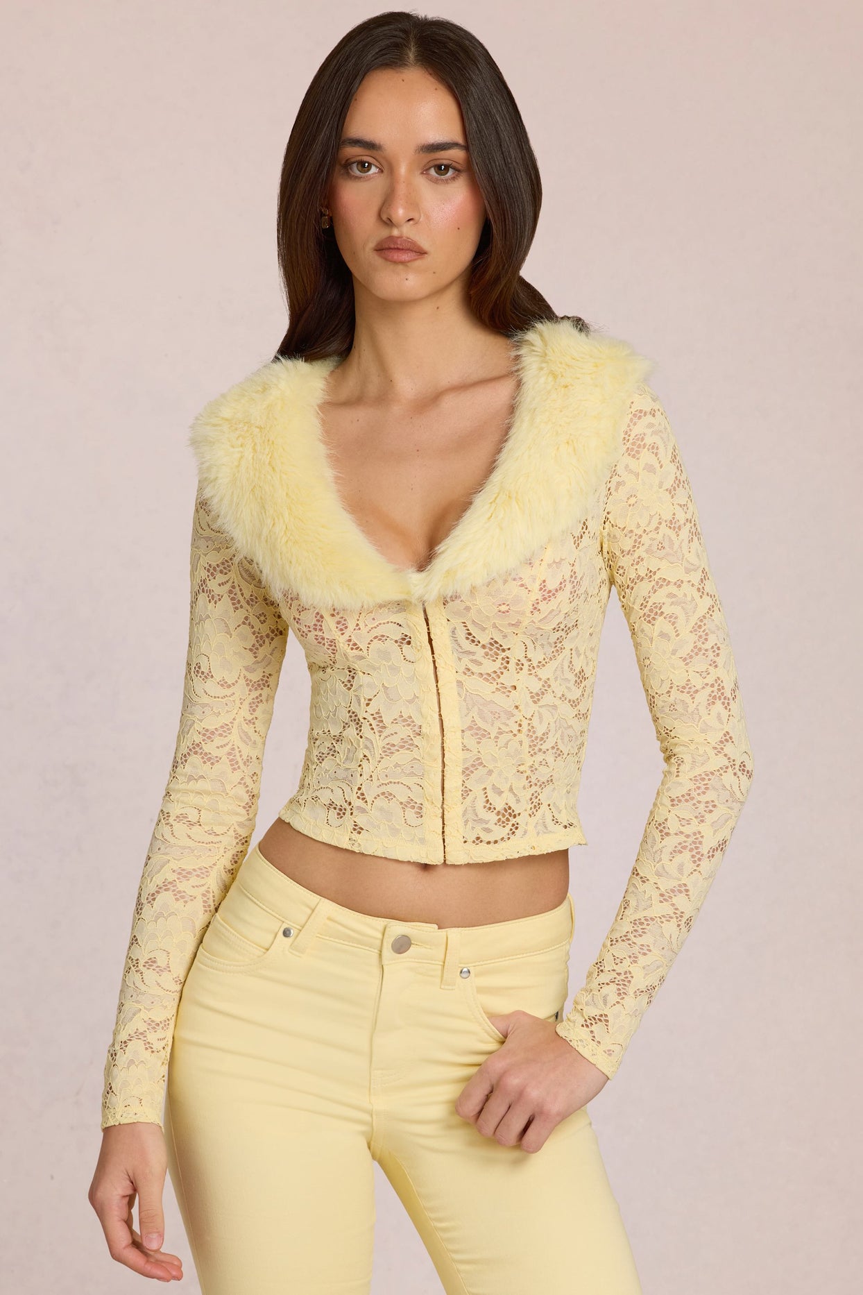 Lace Faux-Fur-Trim Cardigan in Lemon Yellow