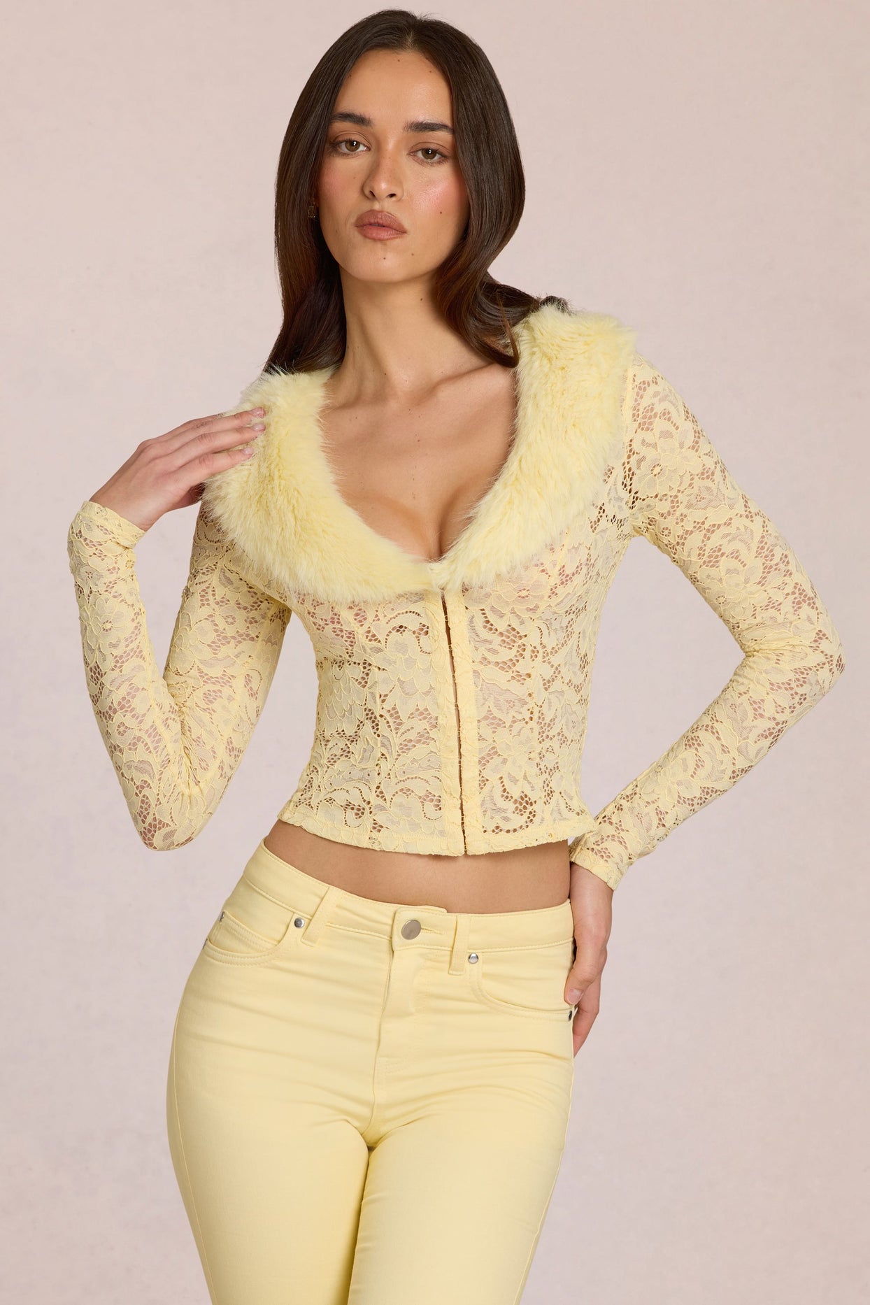 Lace Faux-Fur-Trim Cardigan in Lemon Yellow