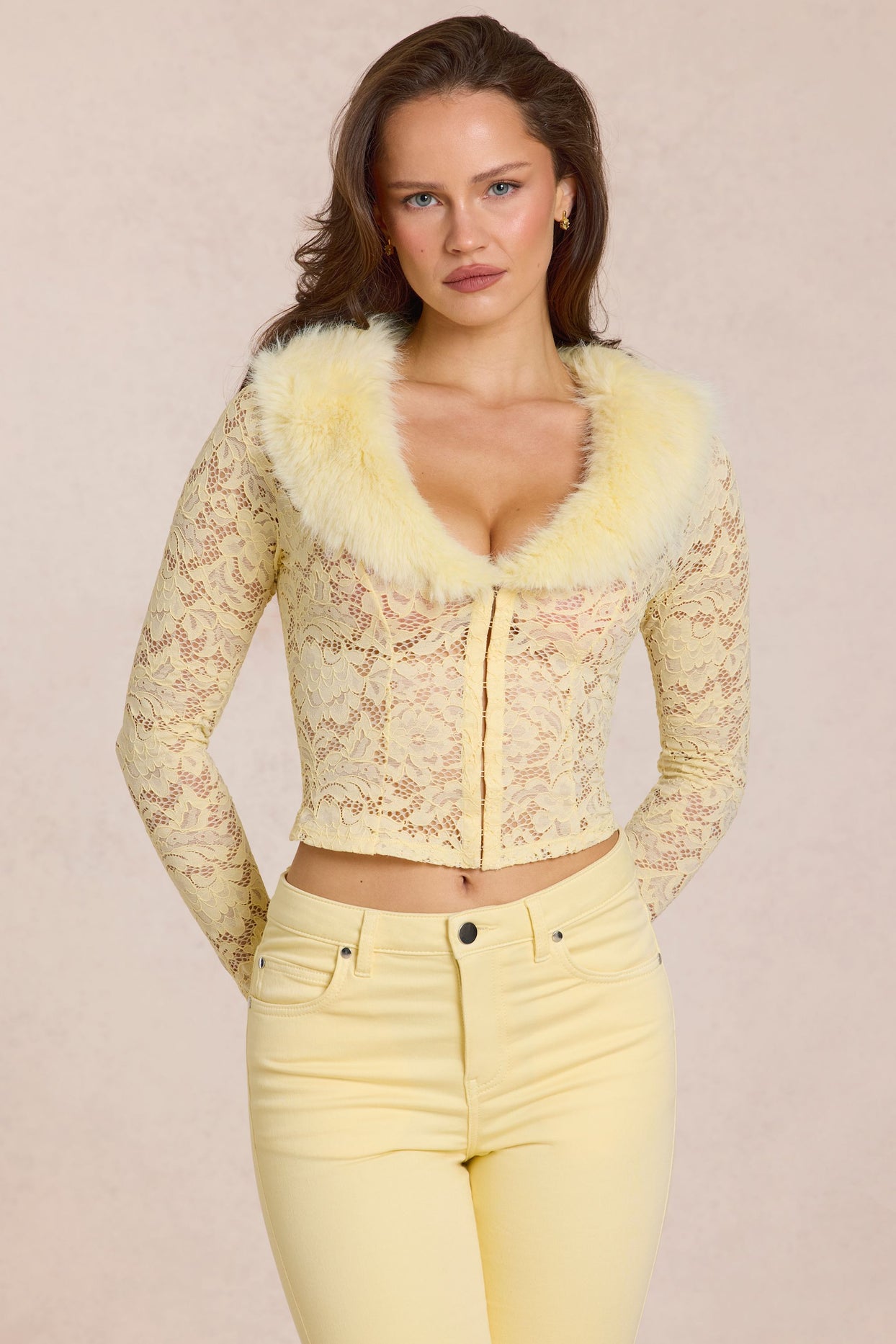 Lace Faux-Fur-Trim Cardigan in Lemon Yellow - 6