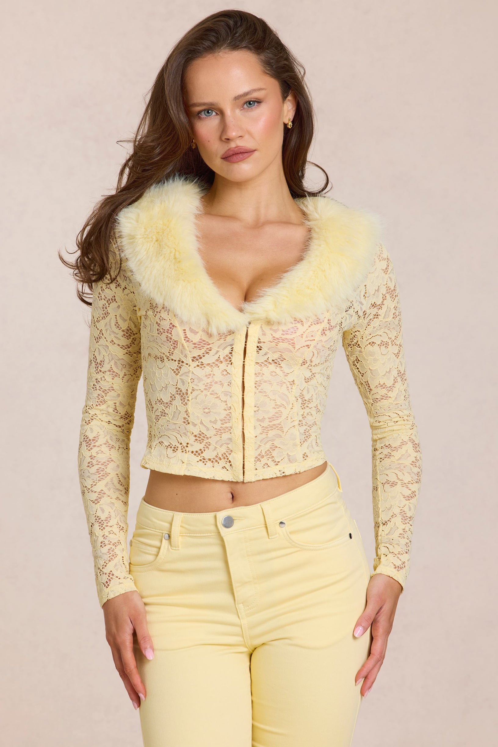 Lace Faux-Fur-Trim Cardigan in Lemon Yellow - 1