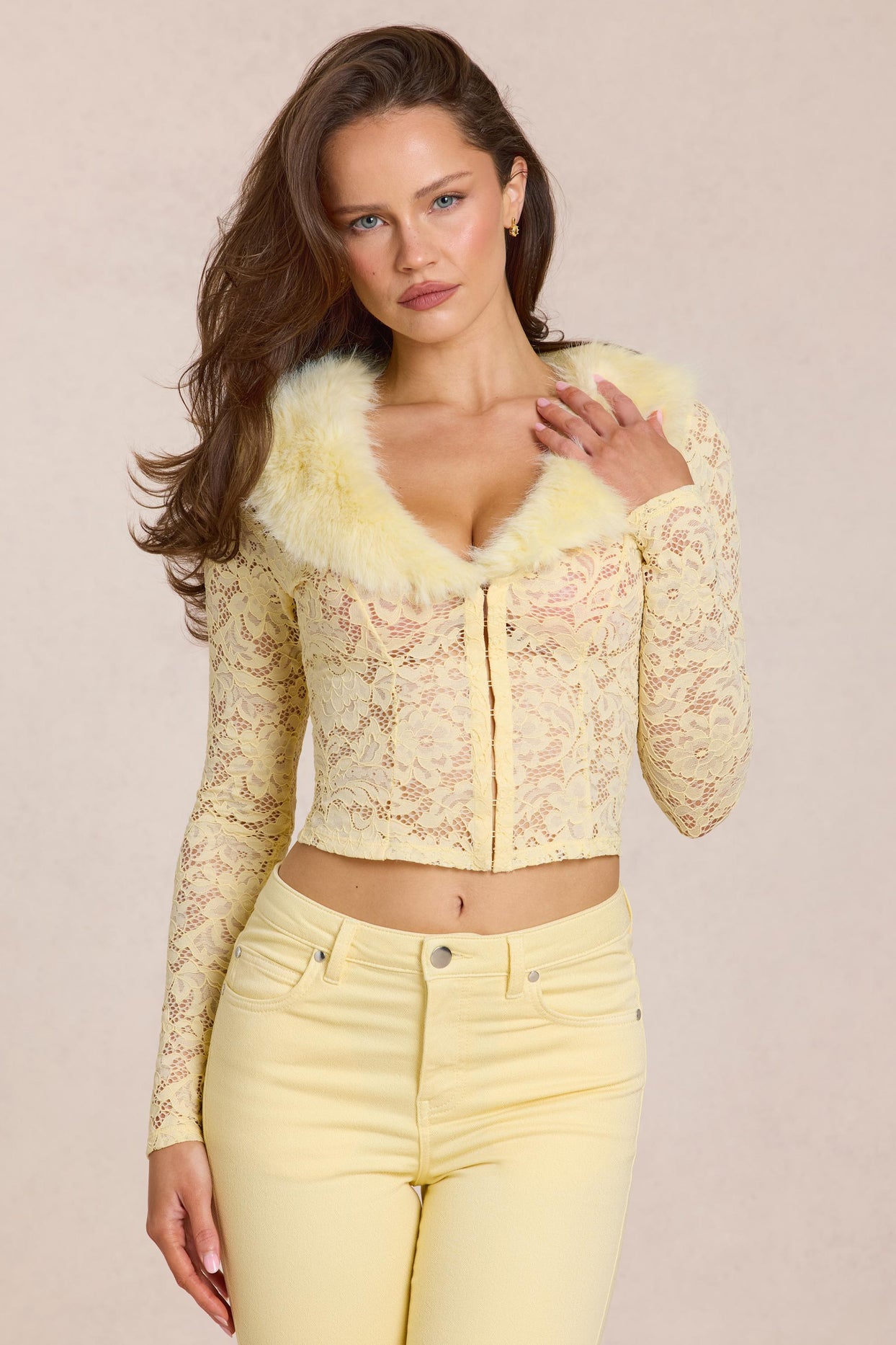 Lace Faux-Fur-Trim Cardigan in Lemon Yellow - 7