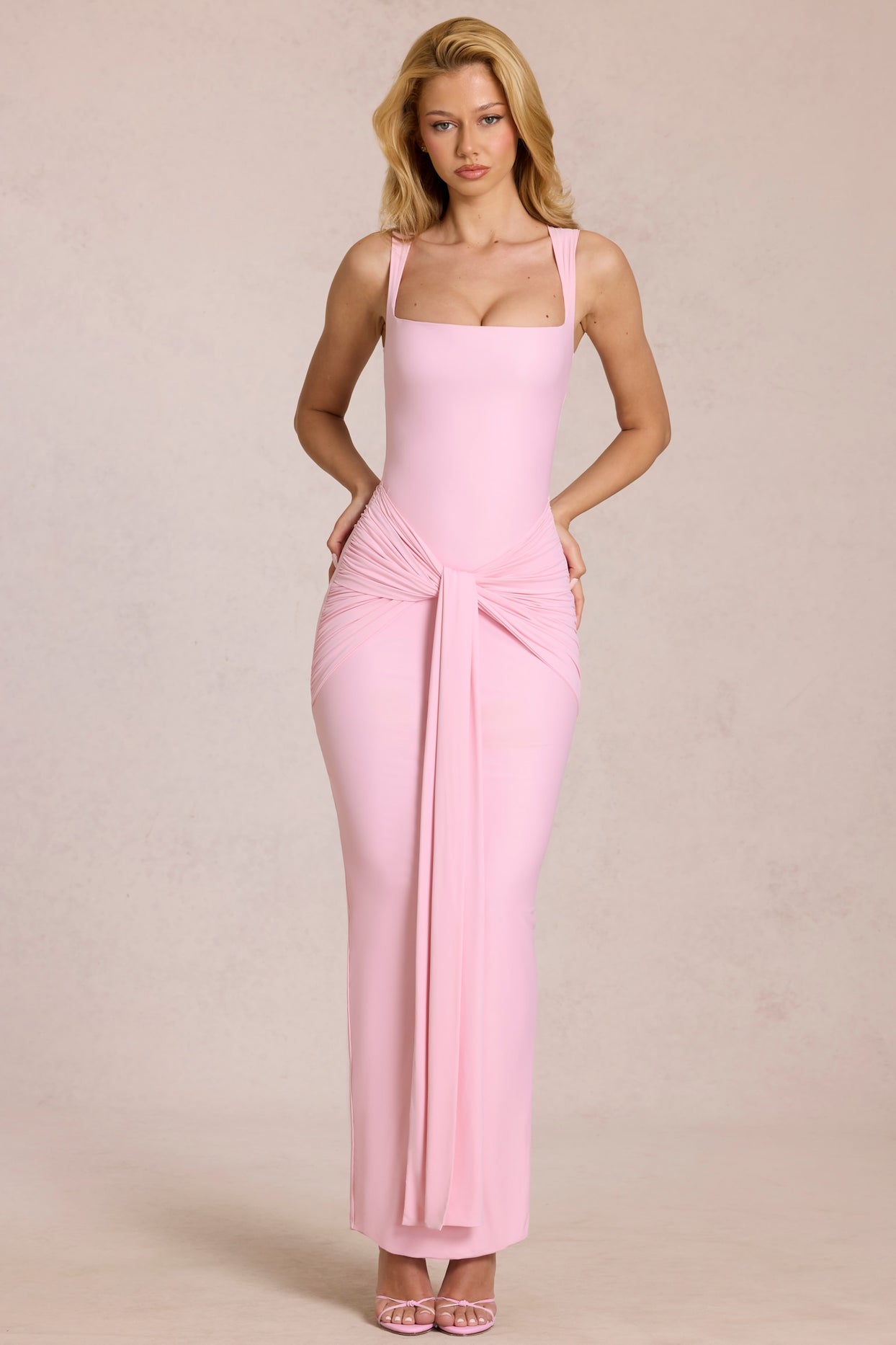 Square-Neck Tie-Gather Maxi Dress in Blossom Pink