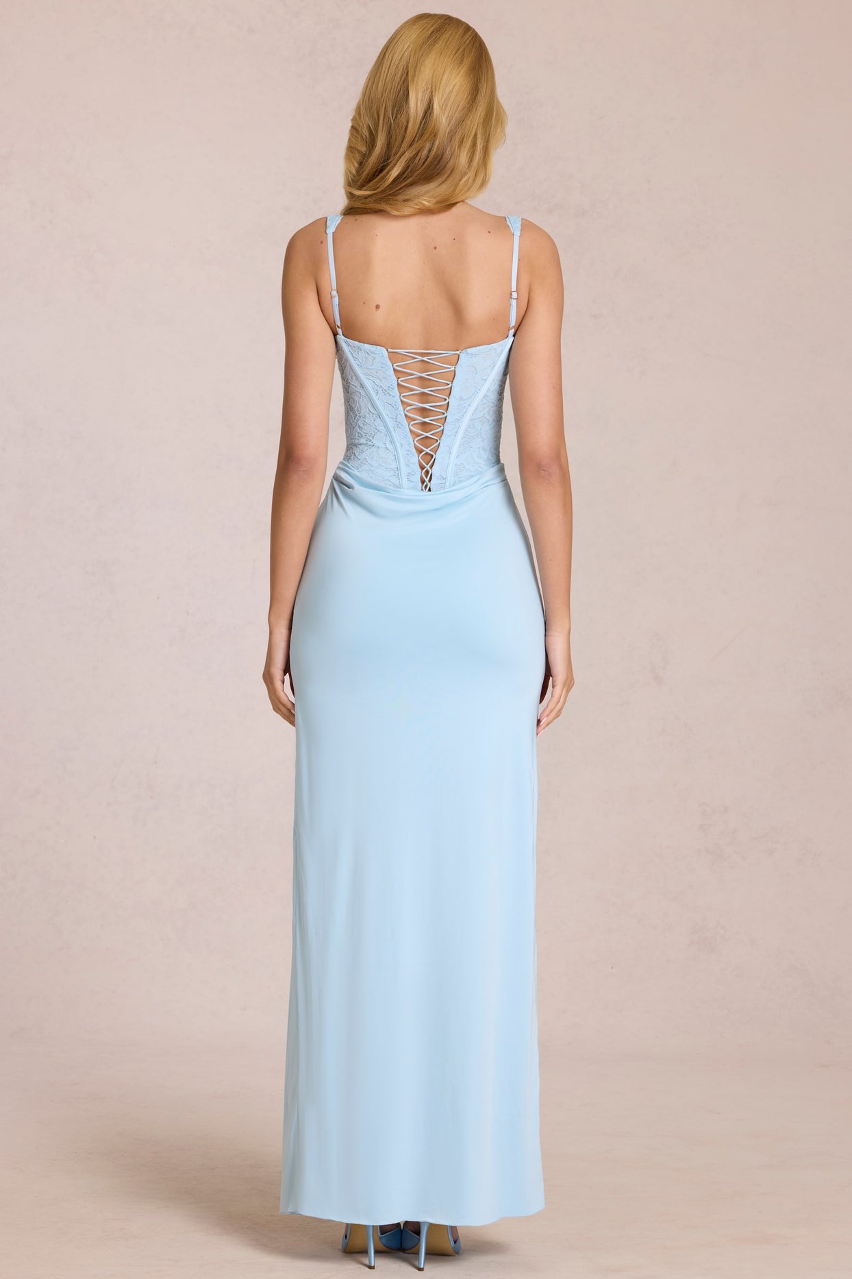 Lace Corset Maxi Dress in Powder Blue