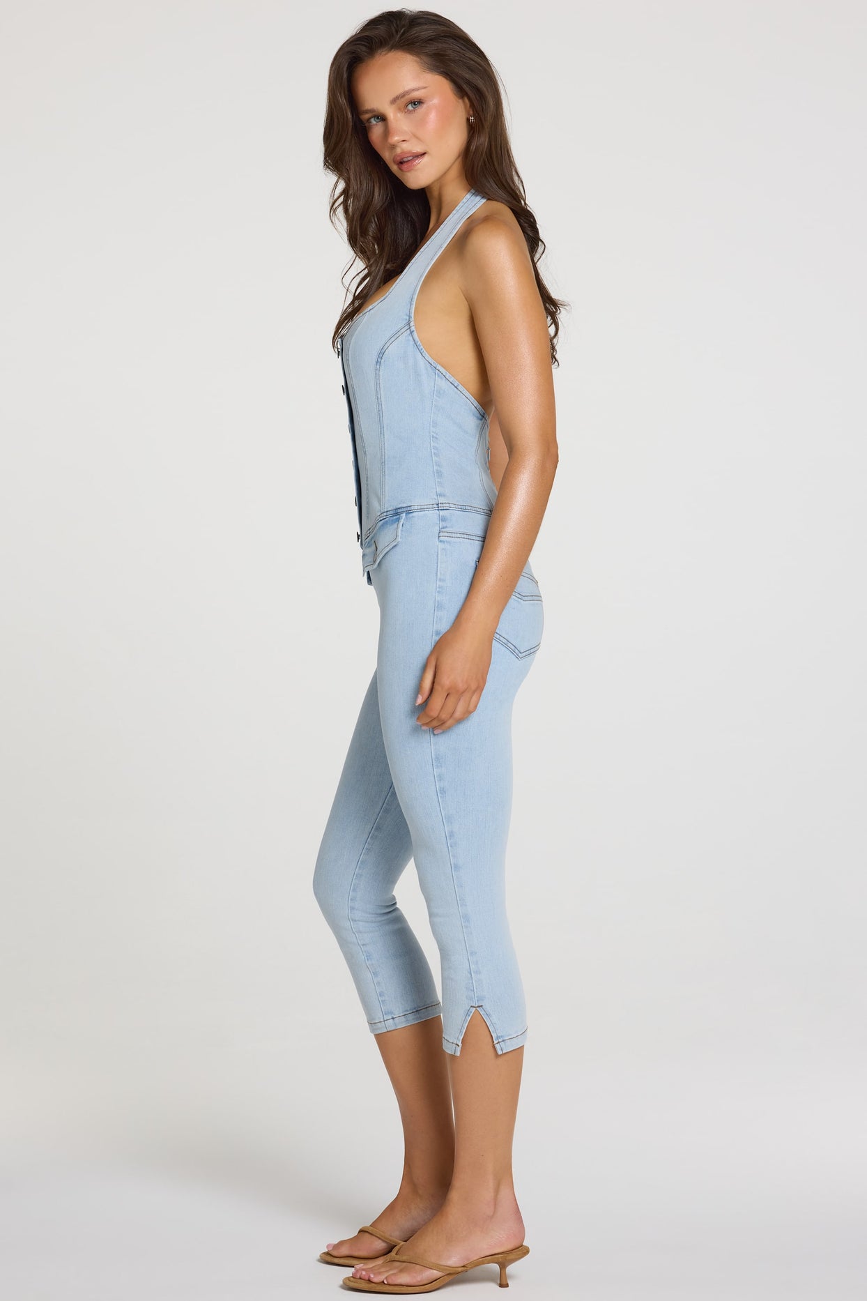 Denim Capri Jumpsuit  in Light Denim - 3