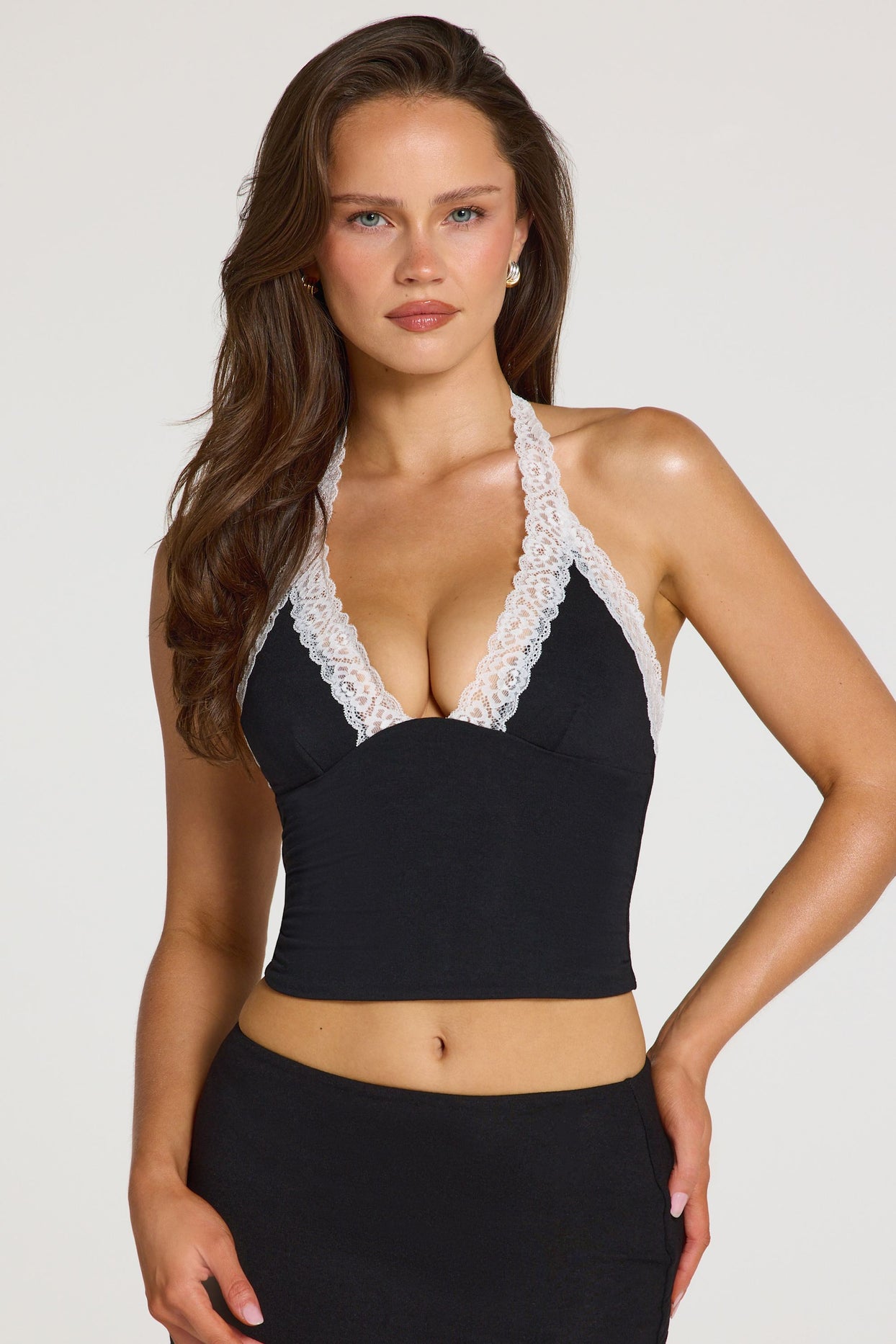 Modal Lace-Trim Halterneck Top in Black - 6